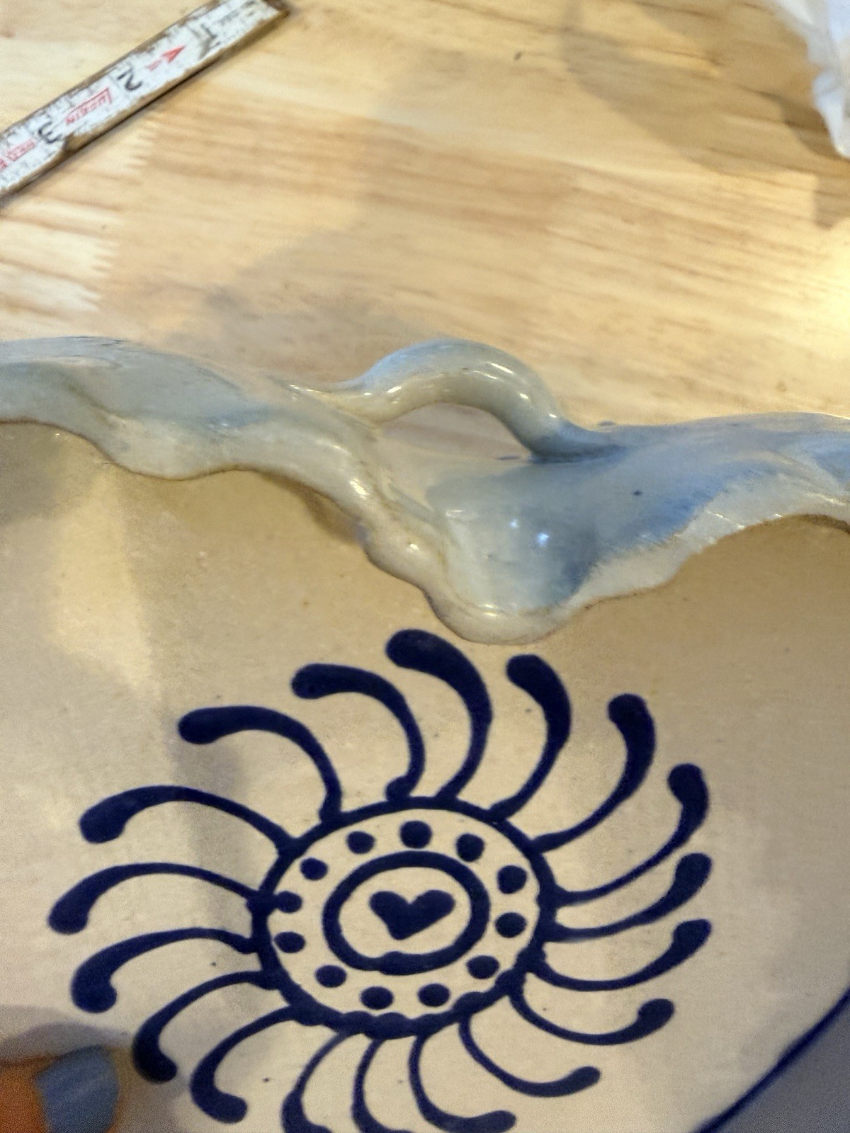 Vintage Kemper Pottery Heart Dish Oneonta NY Blue Floral Stoneware Baker 1988