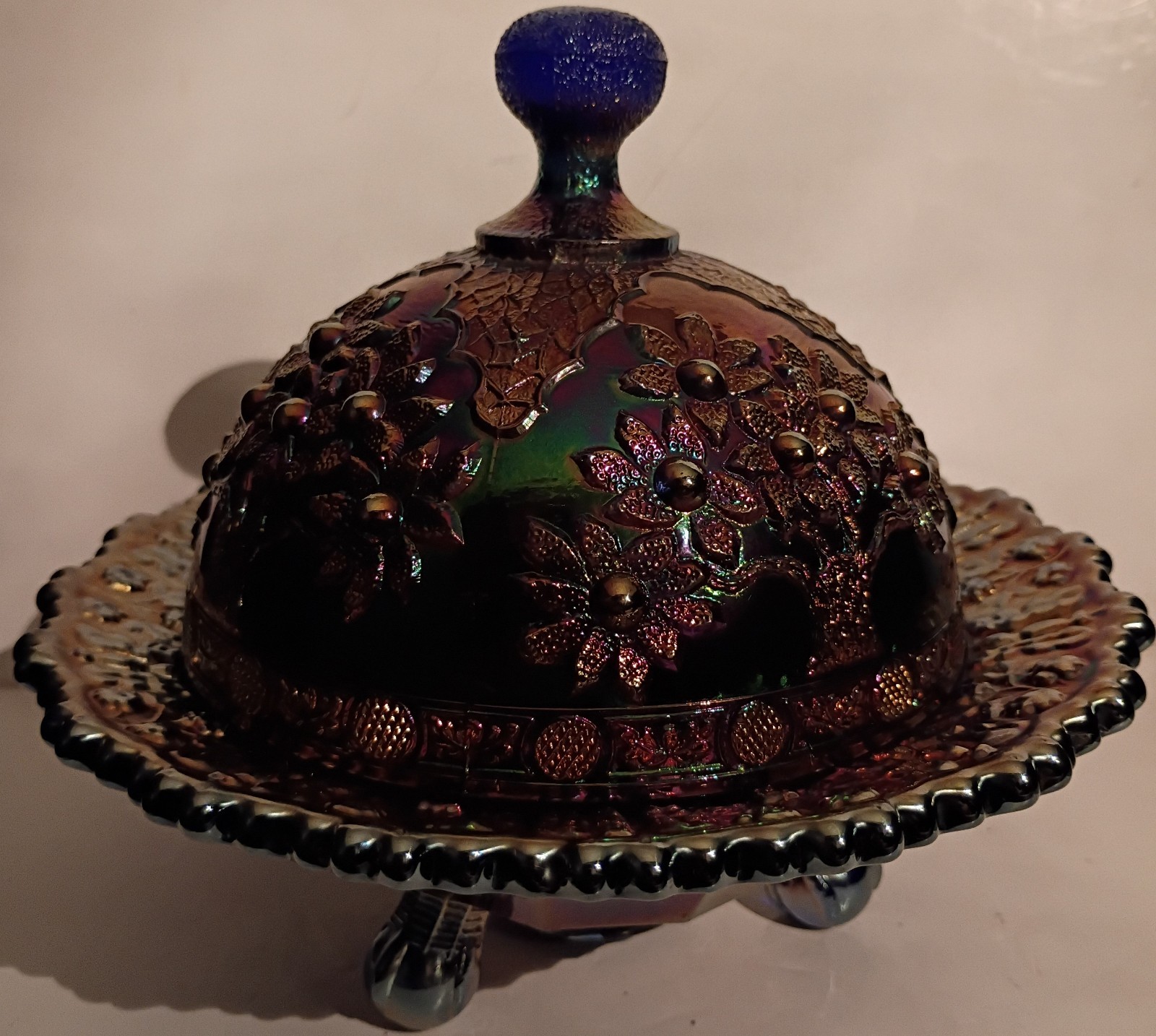 Fenton Orange Tree Blue Carnival Doomed Butter Dish 6.5″ Tall 7.25″ Dia Stunning