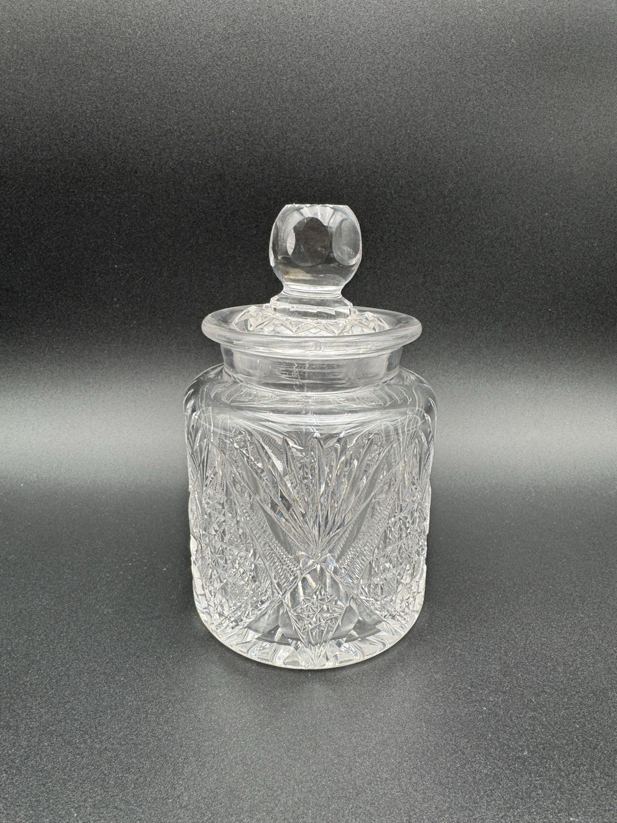 American Brilliant Period Style Cut Glass Crystal Biscuit Jar Hobstar Lidded