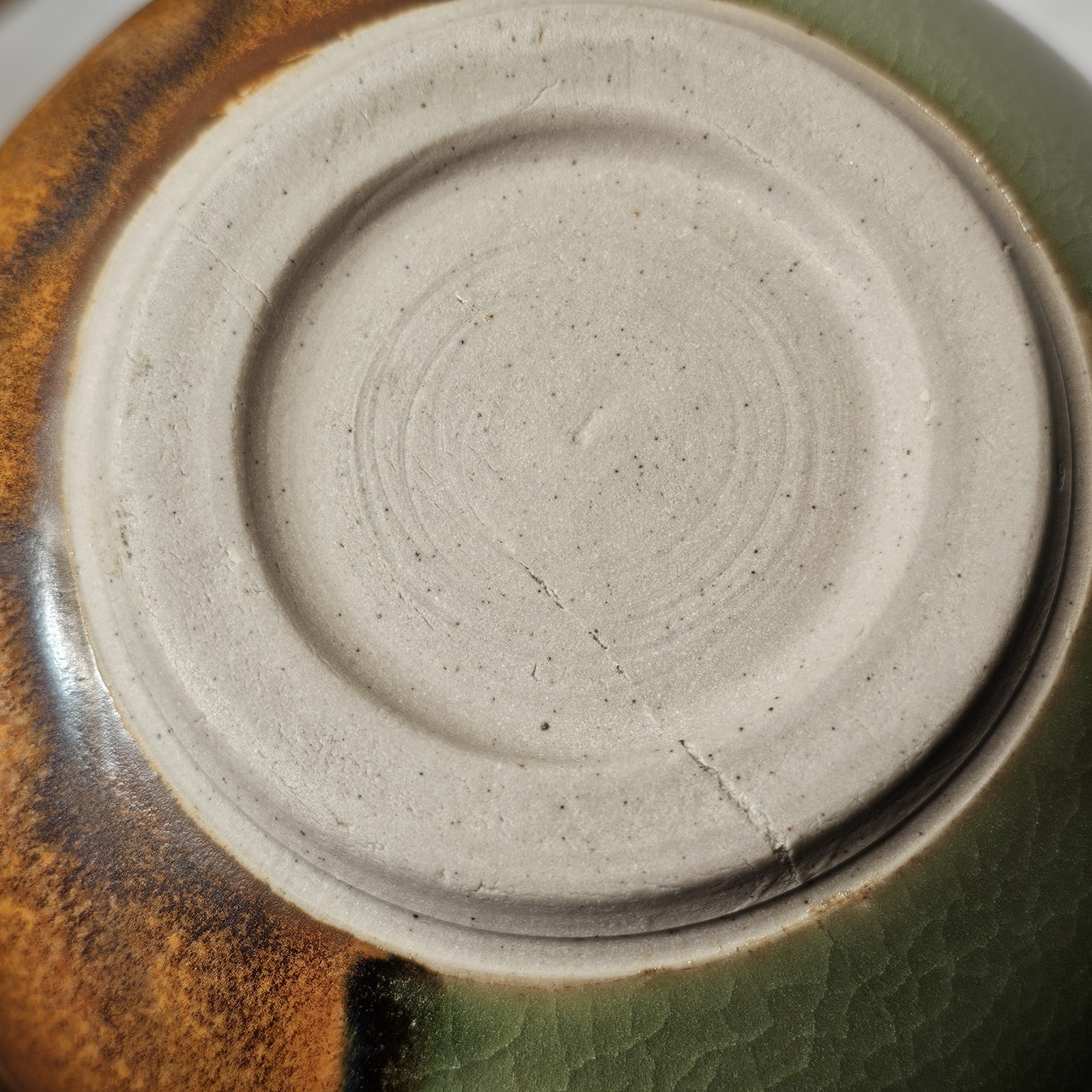 Studio Art Pottery Golden Green & Brown Drip Crackle Glaze Ceramic Bowl