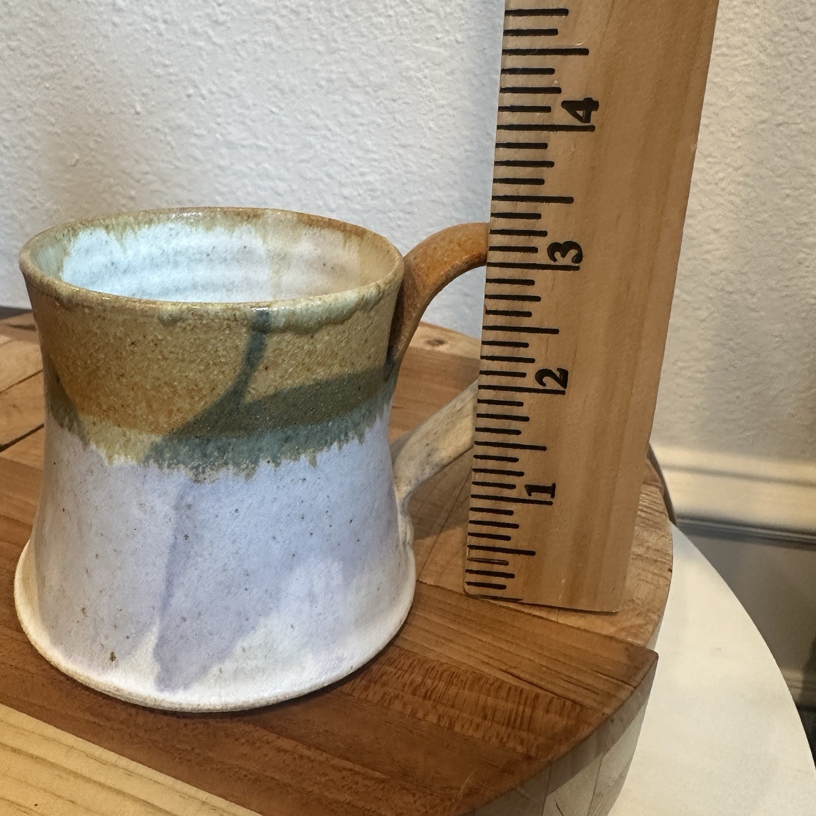 Studio Art Pottery Mugs Set 4 Signed KH Blue Beige Brown Hand Thrown Drip Glaze