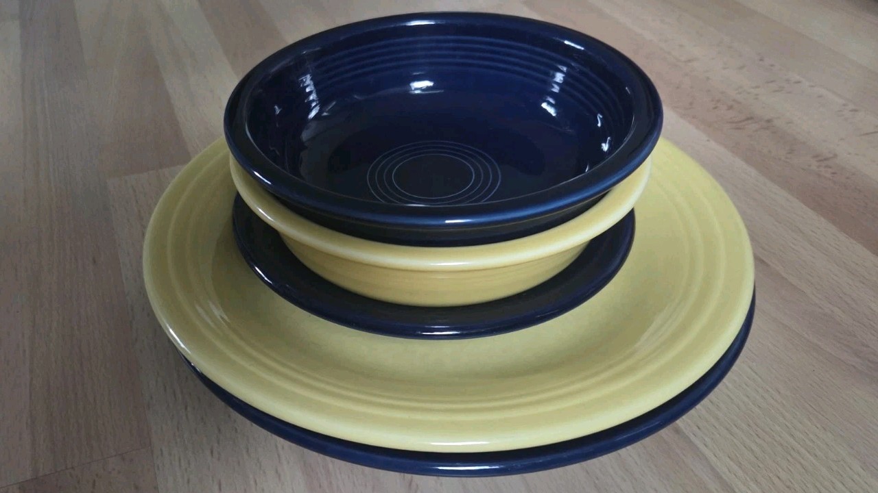 Fiesta Fiestaware 5 Ceramic Dinner Plates, Bowls & Saucer Yellow & Cobalt Blue
