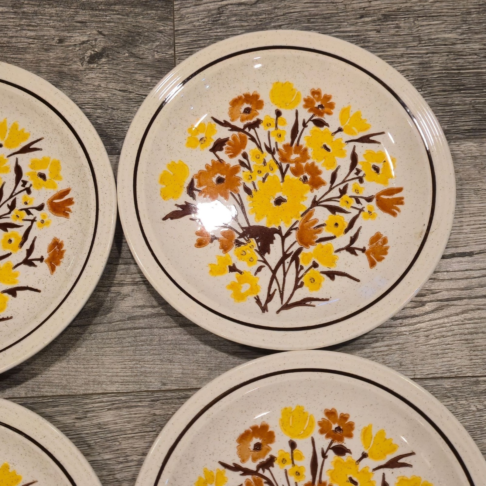 Vintage floral Stoneware dinner plates 1970s Botanical speckled Garden dining x4