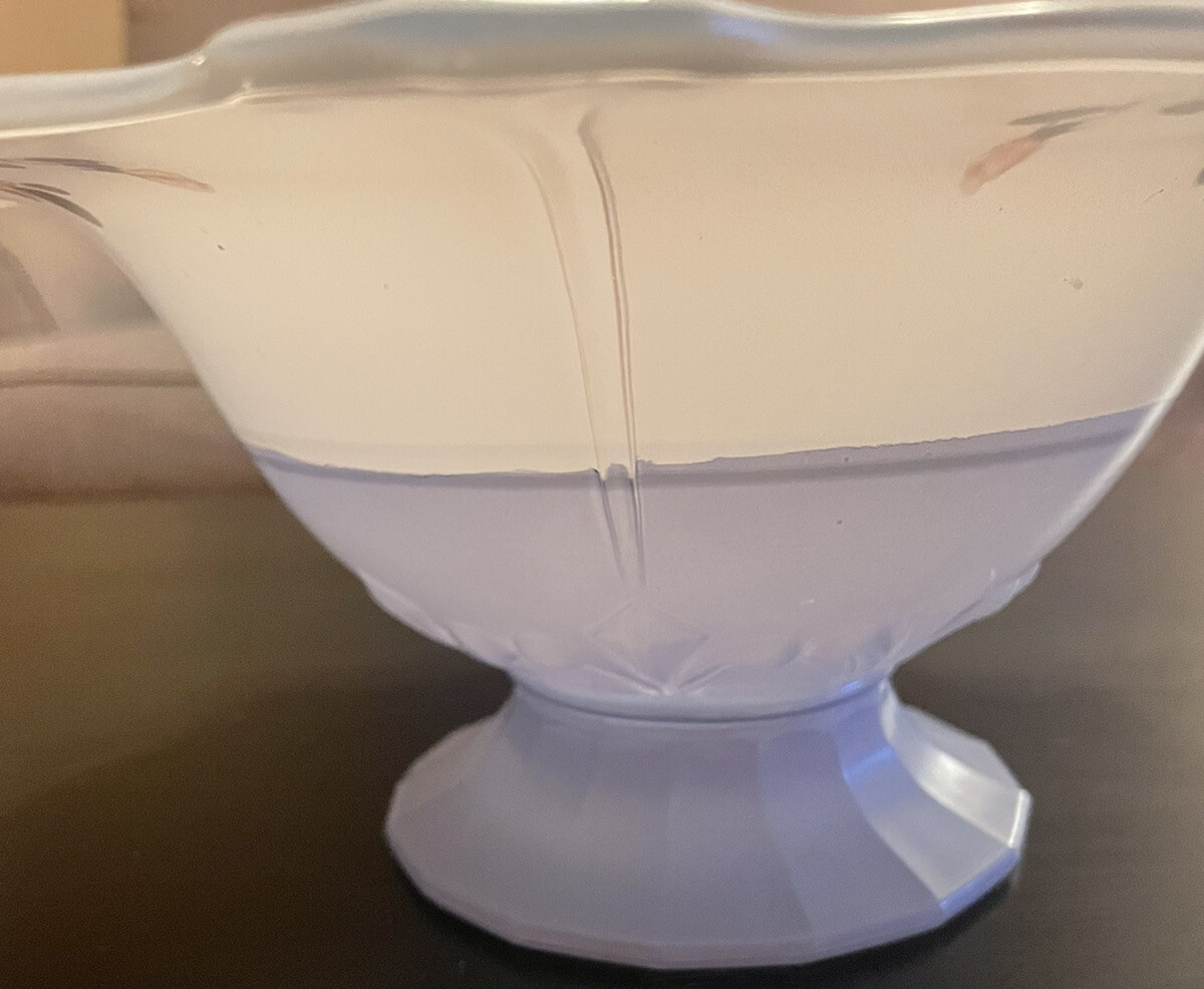 Baby Blue Art glass Bowl Pink Roses Platinum trim on Clear & White Glass