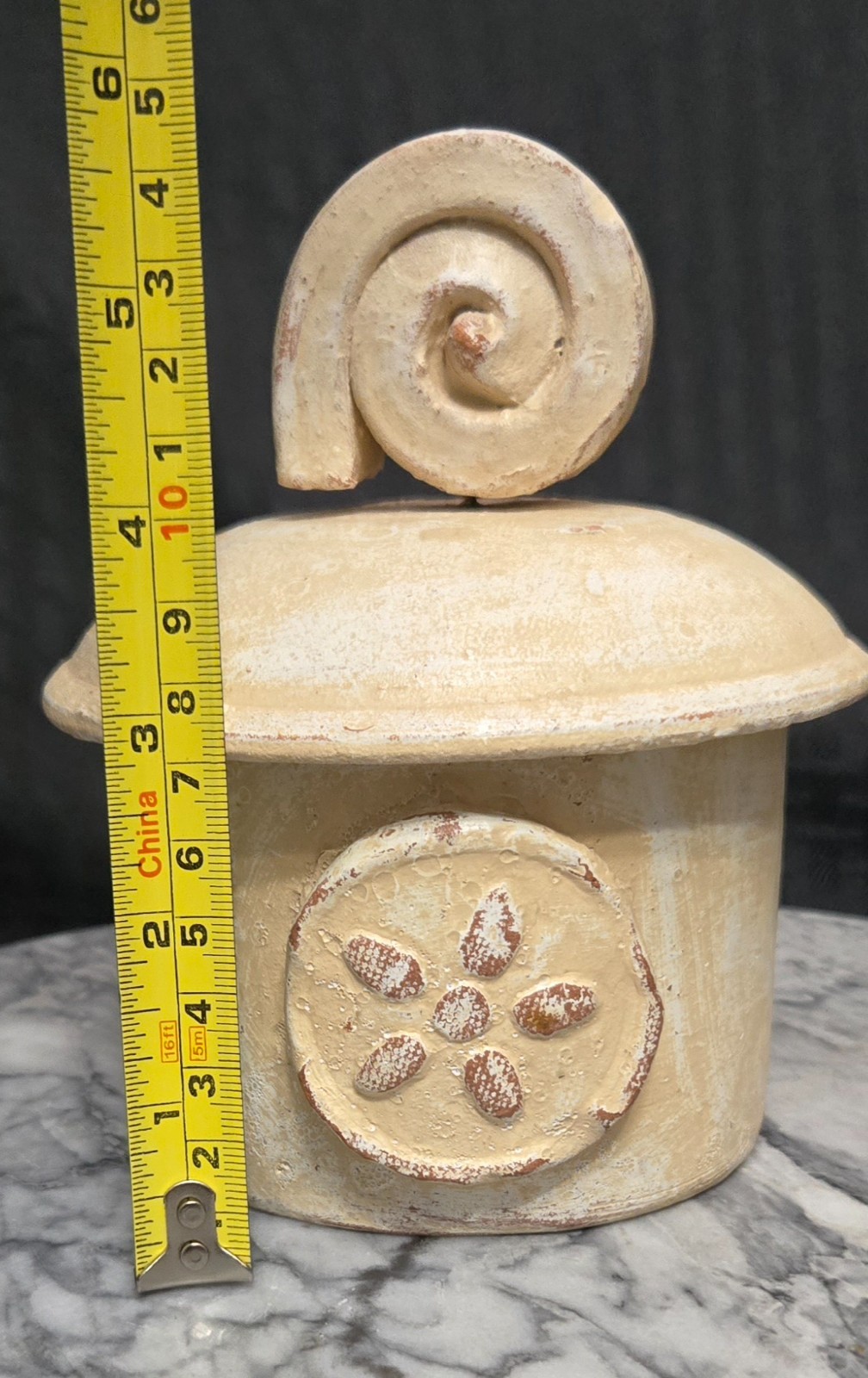 Beige Art Pottery Lidded Jar – Cream Glaze With Swirl-Shaped Handle 6″ Tall