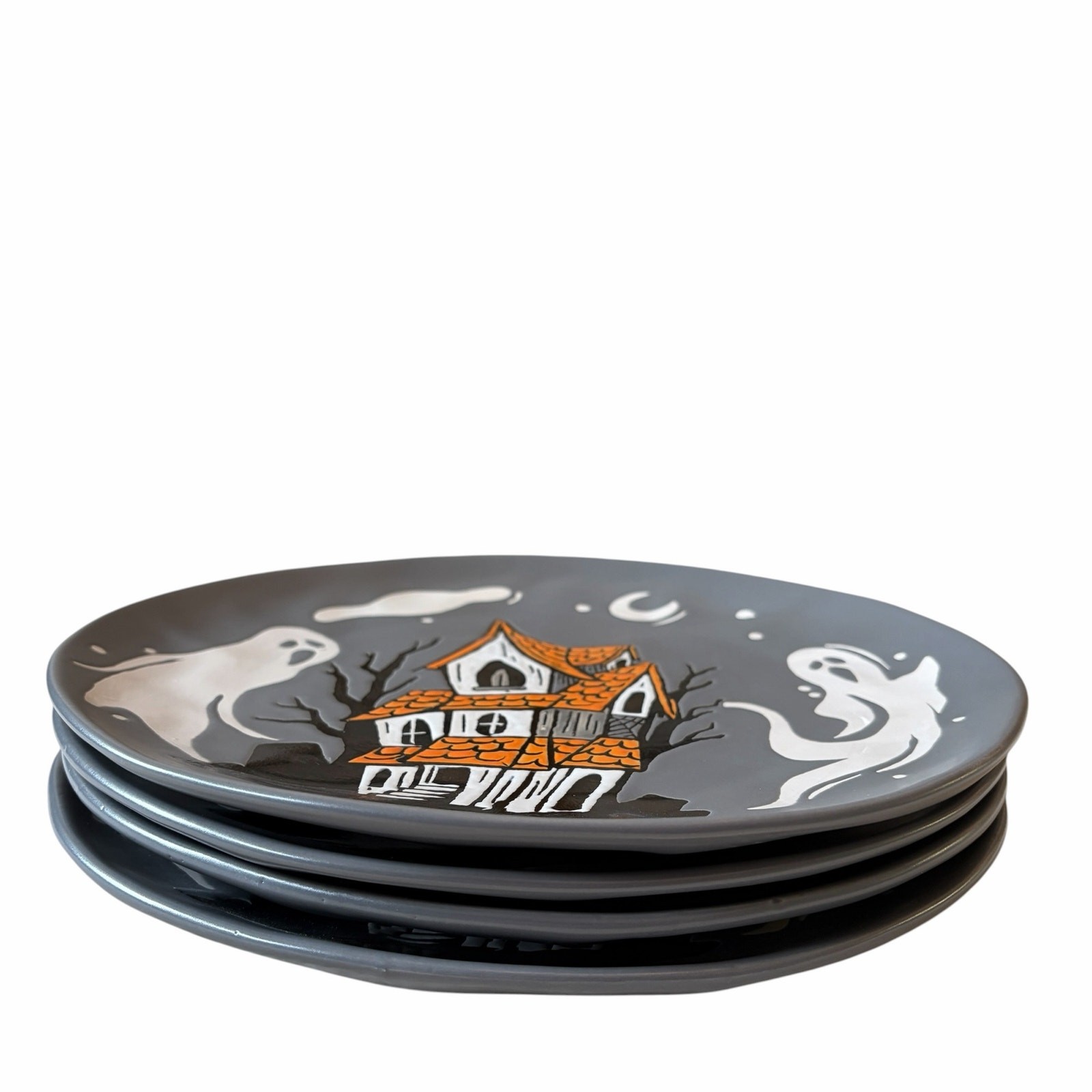 Eli + Ana Halloween Ghost Dinner Plates 11in Haunted House Set of 4 Ceramic NEW