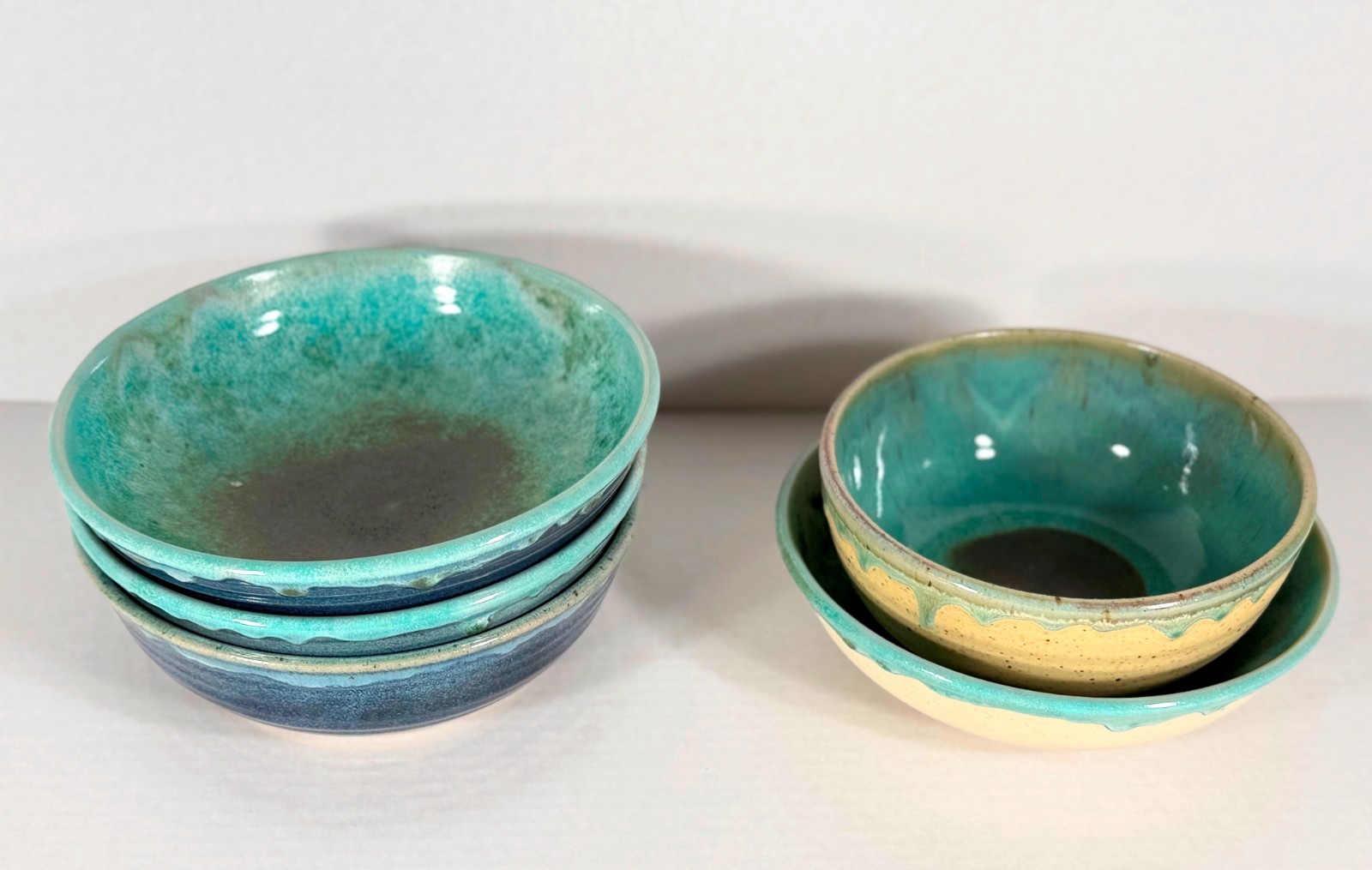 Set 5 Handmade Studio Pottery Bowls Signed D Blue Green Drip Glaze Stoneware