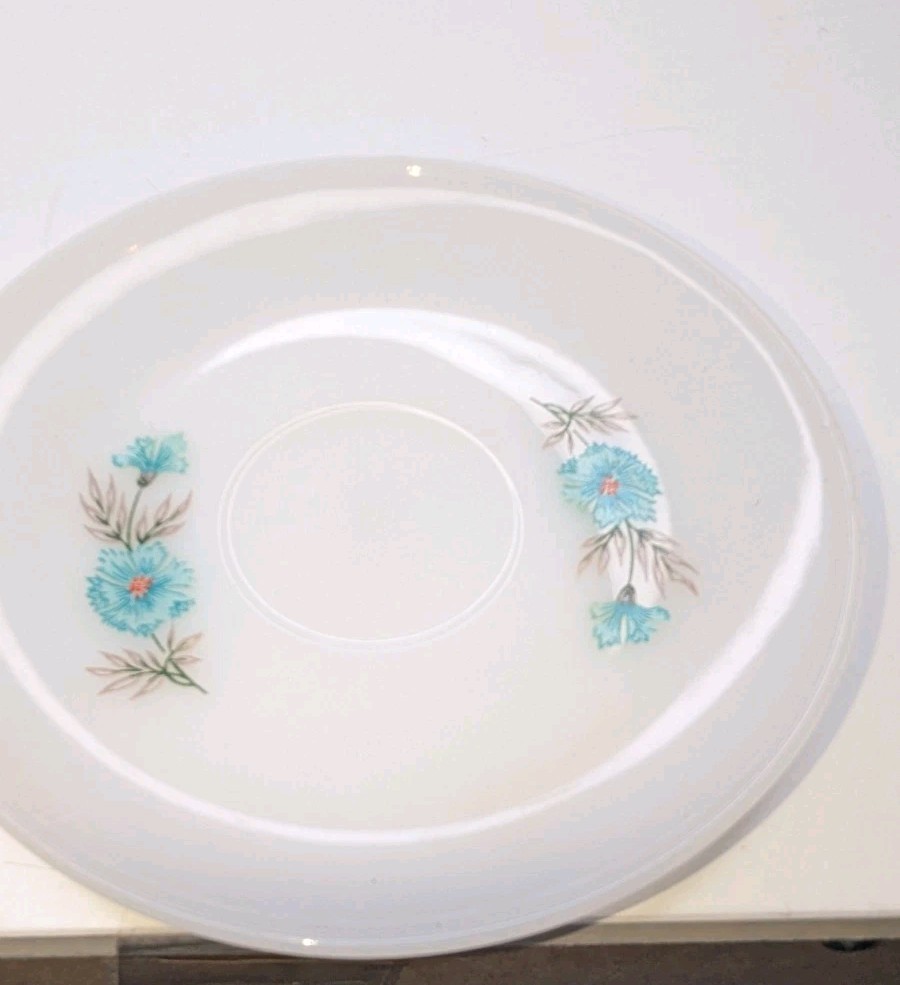 Vintage Fire King ~ Bonnie Blue Carnation Flower ~ Cup & Saucer ~ Milk Glass