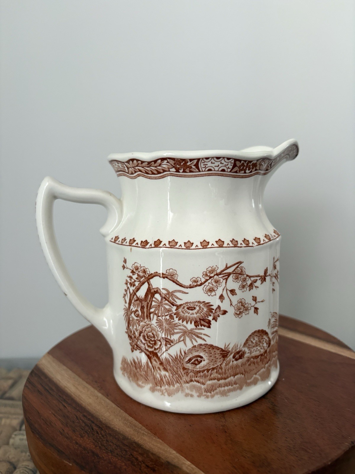 White & Brown Ceramic Floral Transferware Pitcher, Glossy Decorative Finish