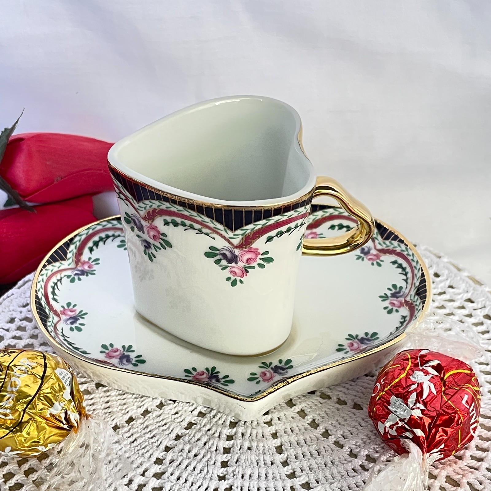 Vintage China Heart Shaped Coffee Cup & Saucer Cobalt Rim Rose Swags Gold Handle