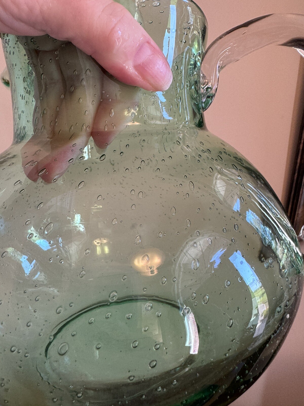 END 7/23 Large Hand Blown Green Bubble Glass Pitcher Heavy Applied Handle Seeded