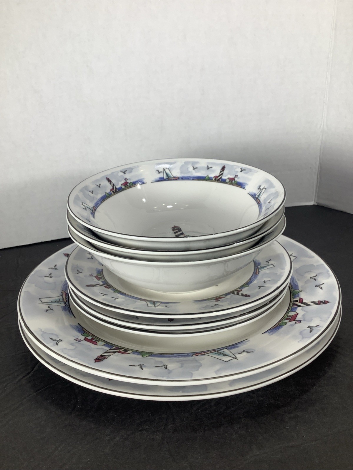 Mixed Set Of 8~Today’s Home Lighthouse Coastal Beach Nautical Plates & Bowls