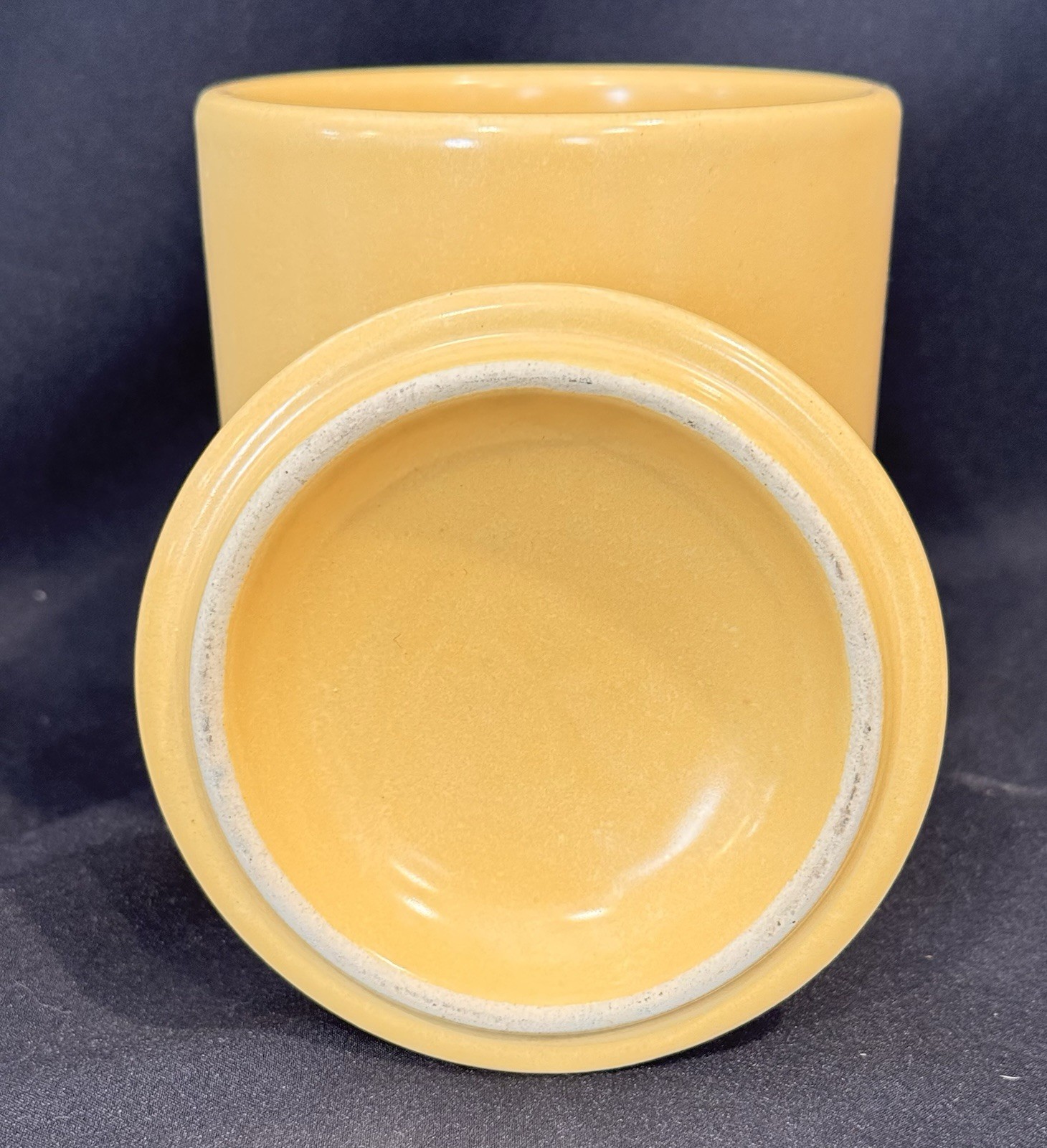 Vintage MCM LA Solana Yellow Stoneware Pottery 5″x4″ Jar Canister with Lid