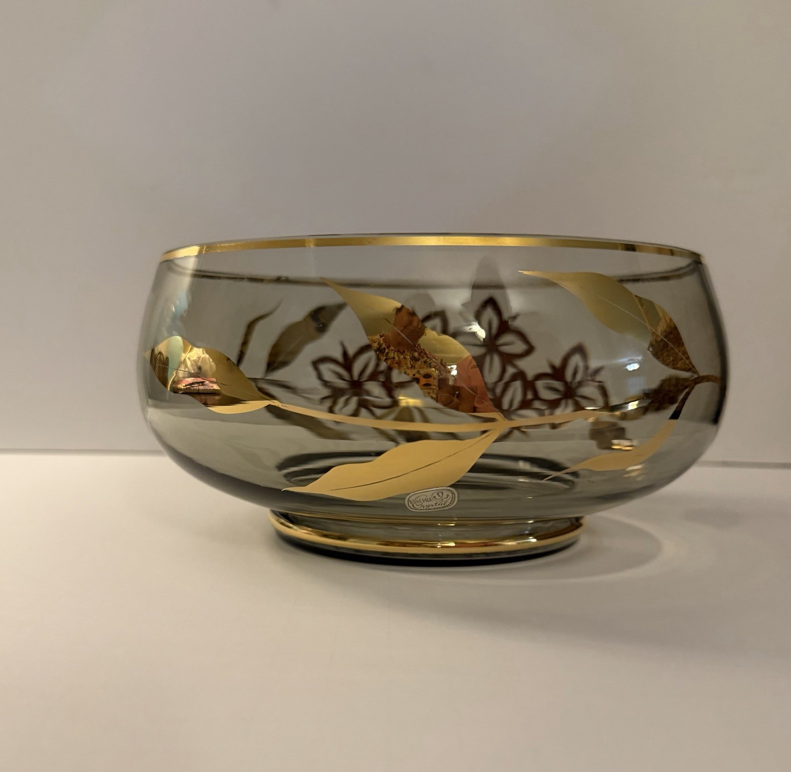 Vintage Bohemia Crystal Smoke Glass Bowl Gold Gilt Floral Czech MCM