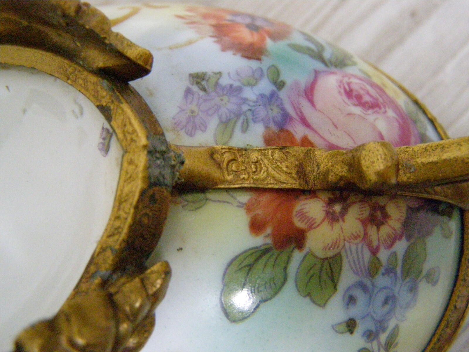 Antique Karlovy Vary Porcelain Serving Dish Gilt metal base bottom stamped #23