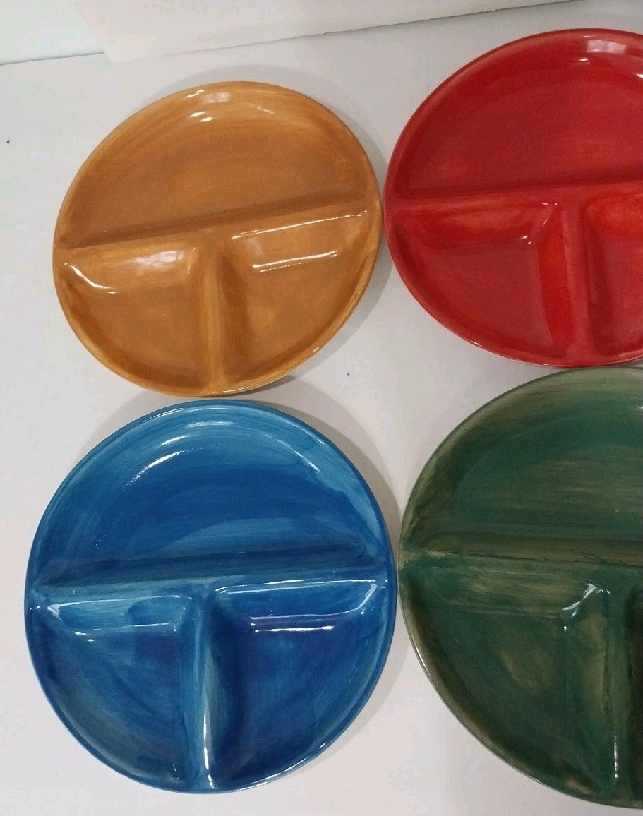 Vintage 6 Plates Ceramic Kitchen Prep Or Childrens 7 5/8″ Divided Pottery Plates