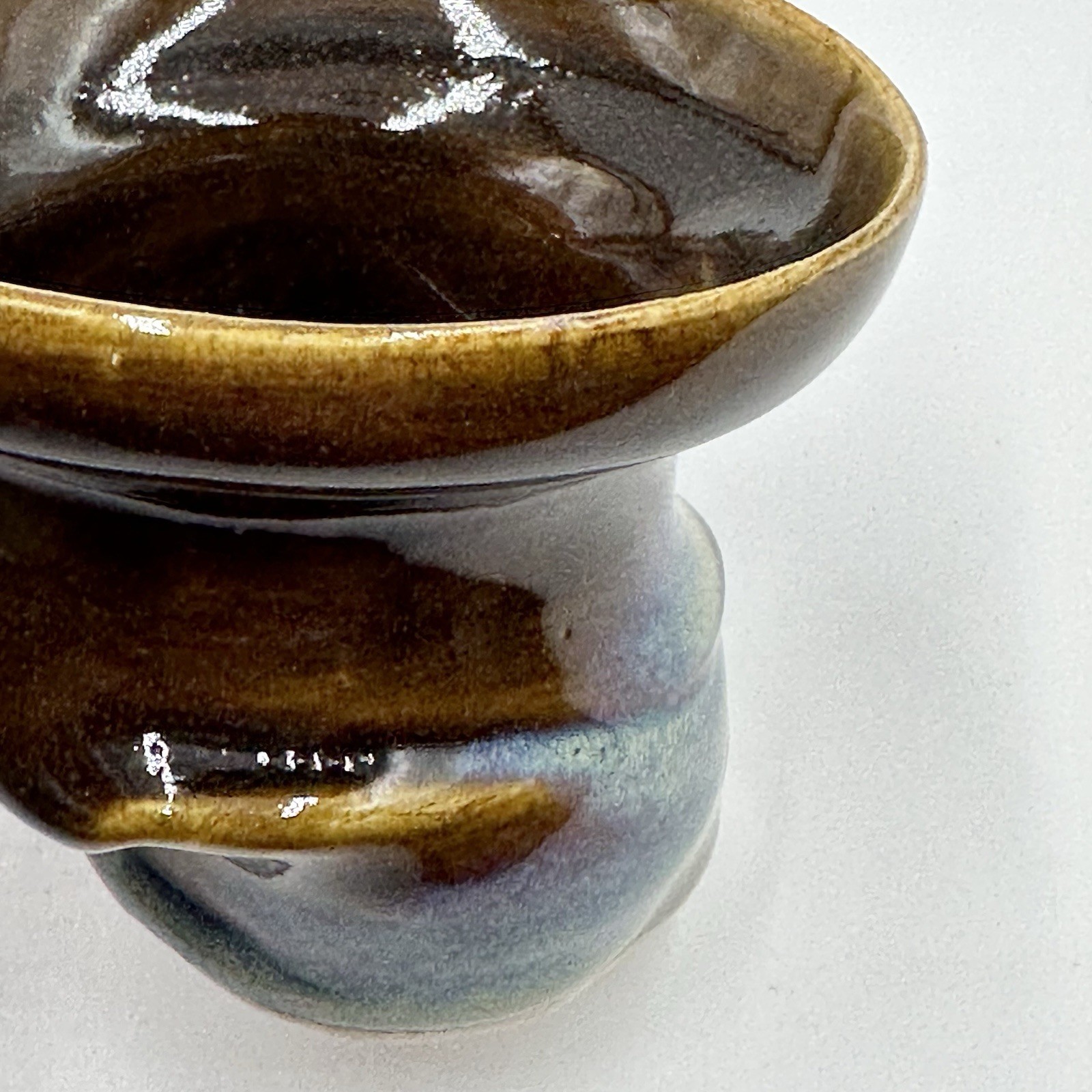 Studio Art Asymmetrical Warped Pottery Cup Blue Drip Glazed Artist Initialed