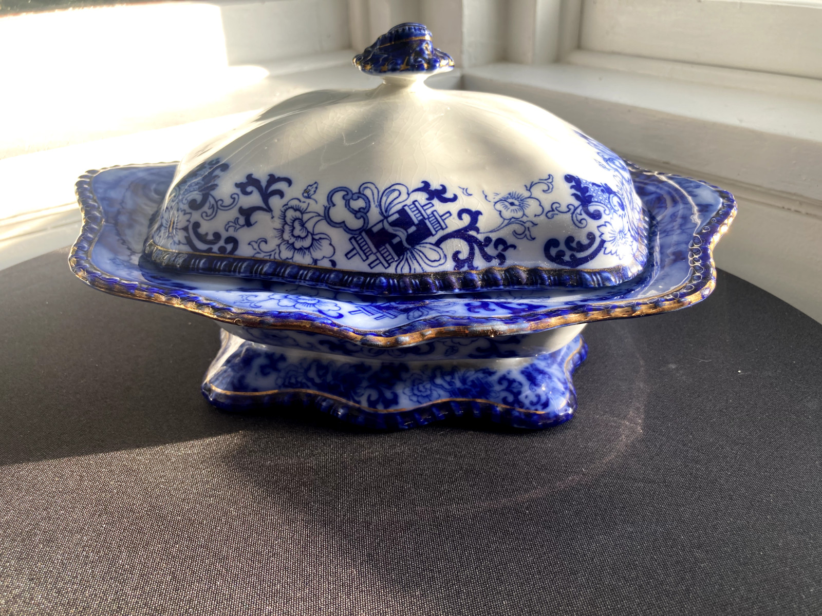 Antique Royal Doulton Flow Blue Oval Covered Vegetable Nankin Porcelain England