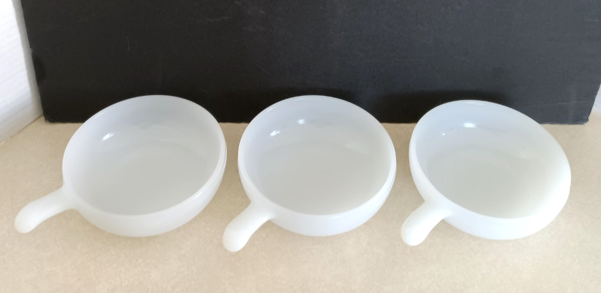 Vintage Glasbake Soup Bowls White Milk Glass Handled Crocks 5” USA Set of 3