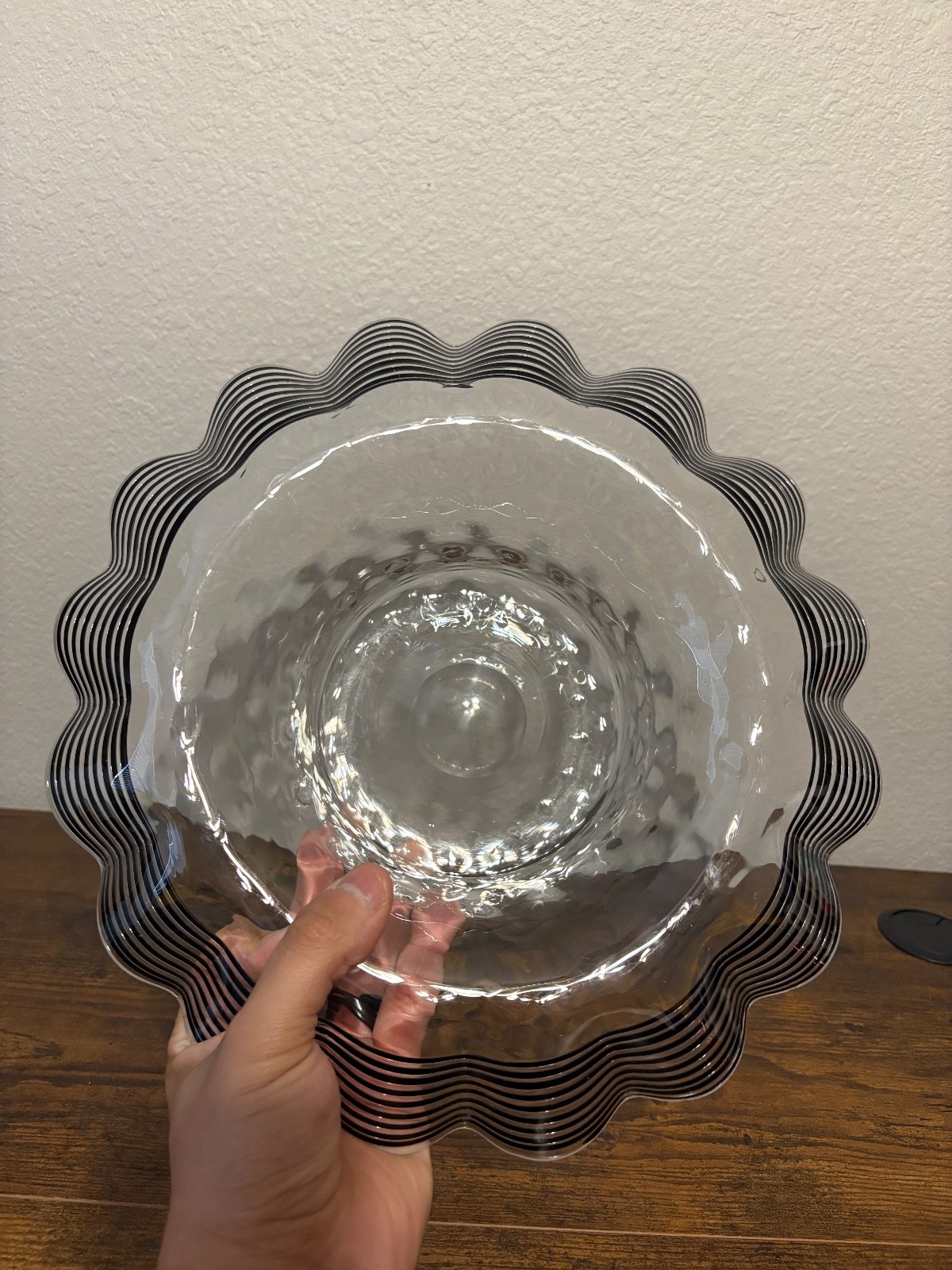 VTG FRY GLASS CO Black Threaded DIAMOND OPTIC Glass Centerpiece Bowl 11.75″W