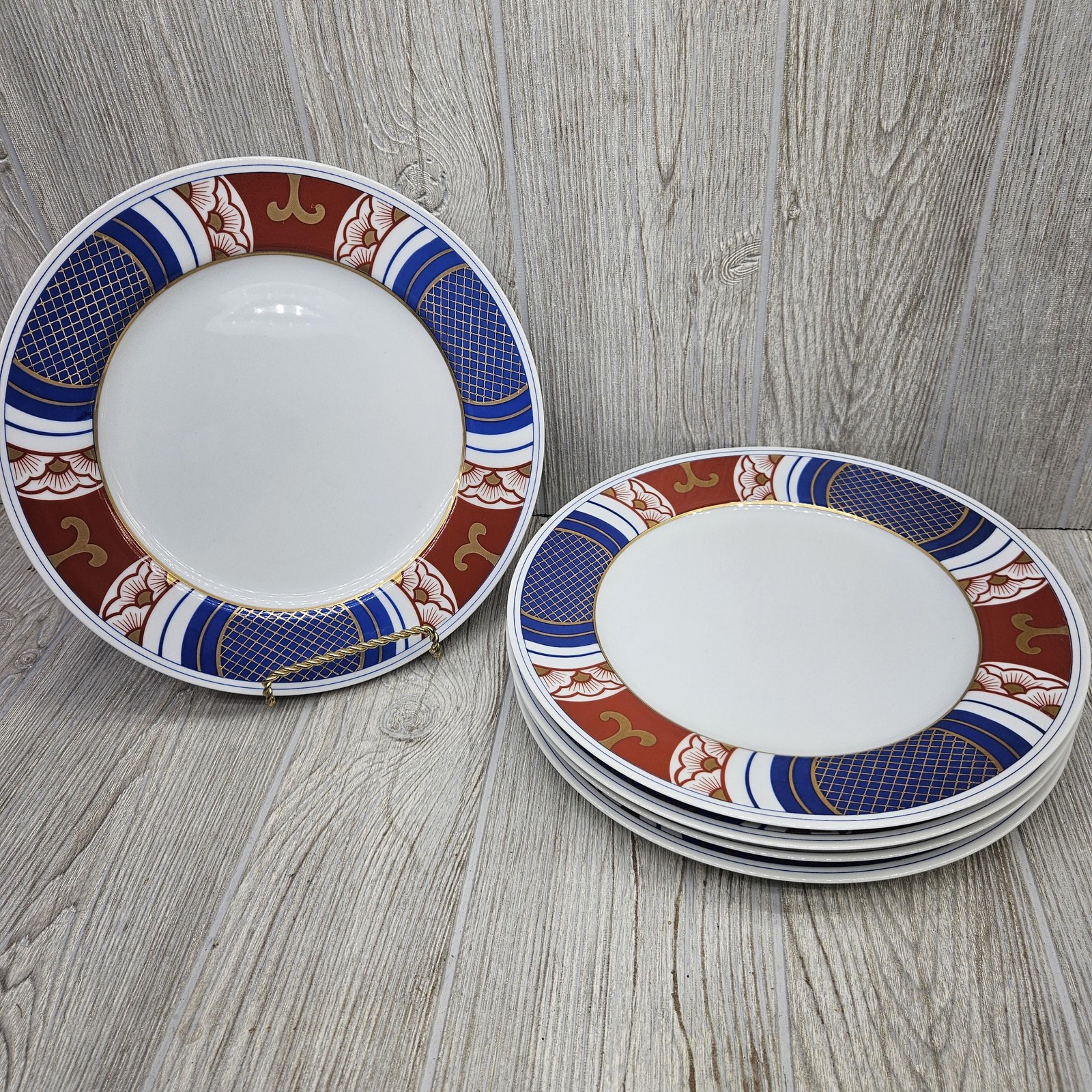 Fitz and Floyd Nishiki Set of 5 Dinner Plates Blue Rust Gold Japan