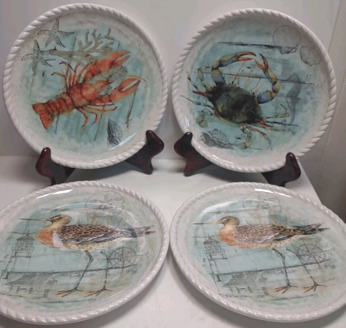 Susan Winget Salad Dessert Plates 8 3/4″ Ocean Seaside Lobster Crab Bird