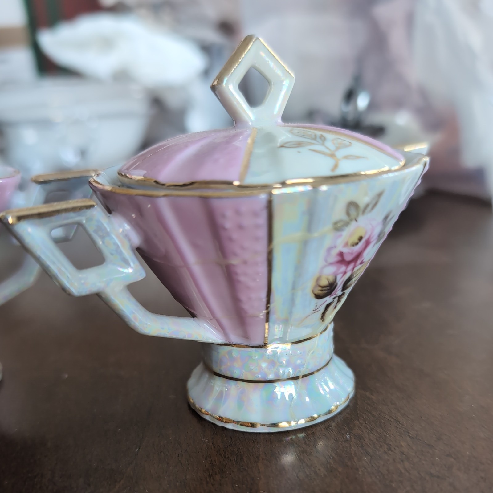 Rare Vintage Lipper Pink Mother Of Pearl Porcelain Creamer & Sugar Bowl Set