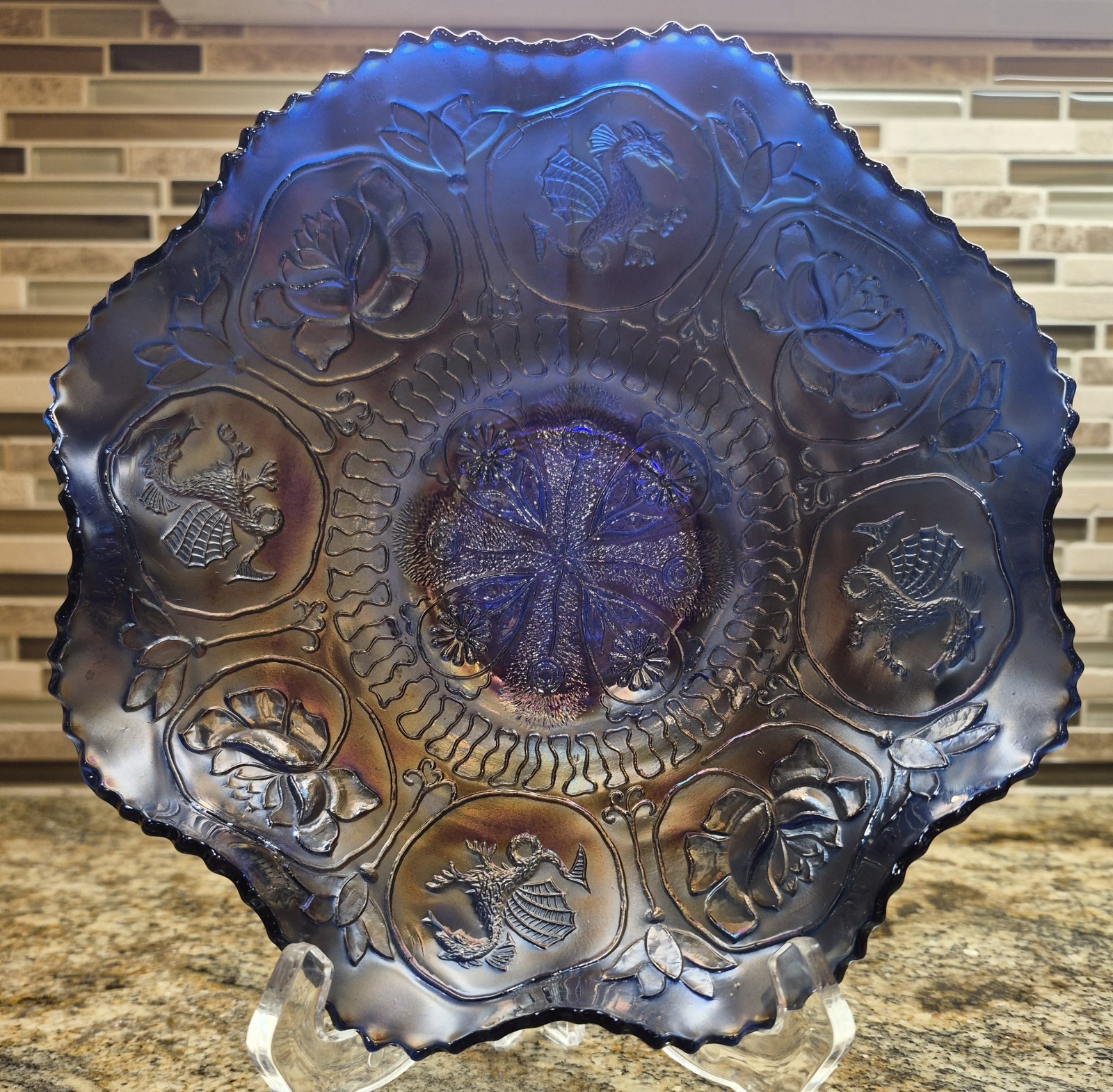 Antique Fenton Dragon/Lotus Bowl Cobalt Blue Metallic Finish 9in Across 2.5in…