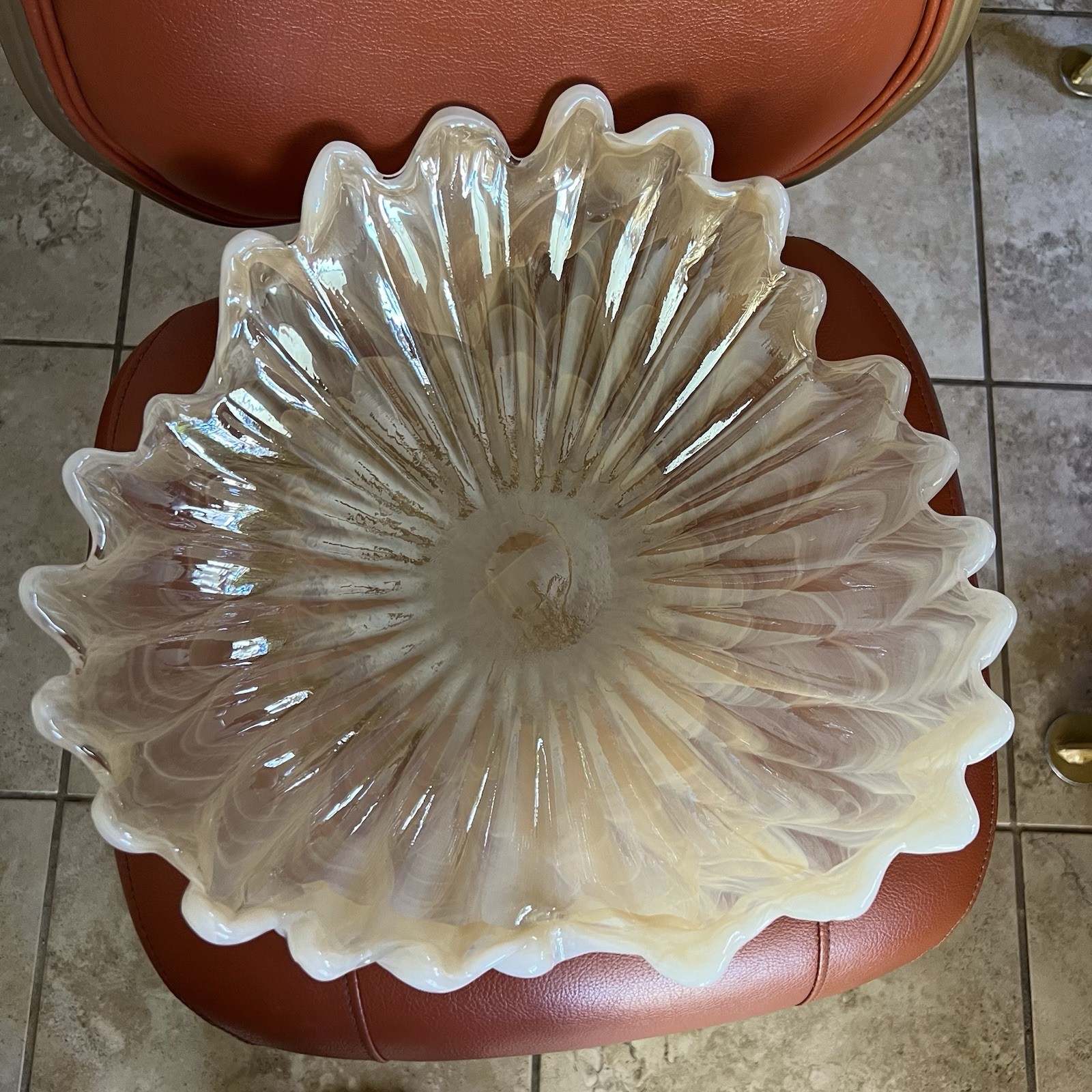 Murano Art Glass XL White Cream Freeform 3-Leaf Clover Center Bowl Italy 16″dia