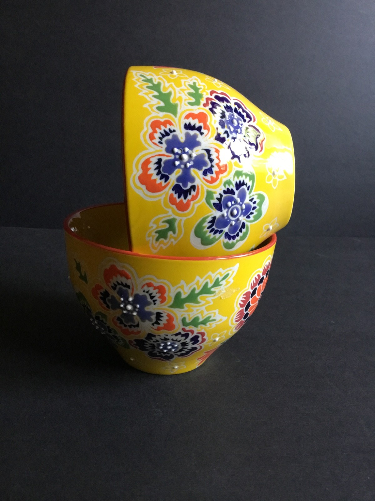 2 Yokohama Studio Yellow Floral Hand Painted Noodle Rice Bowl 6″ Diameter Japan