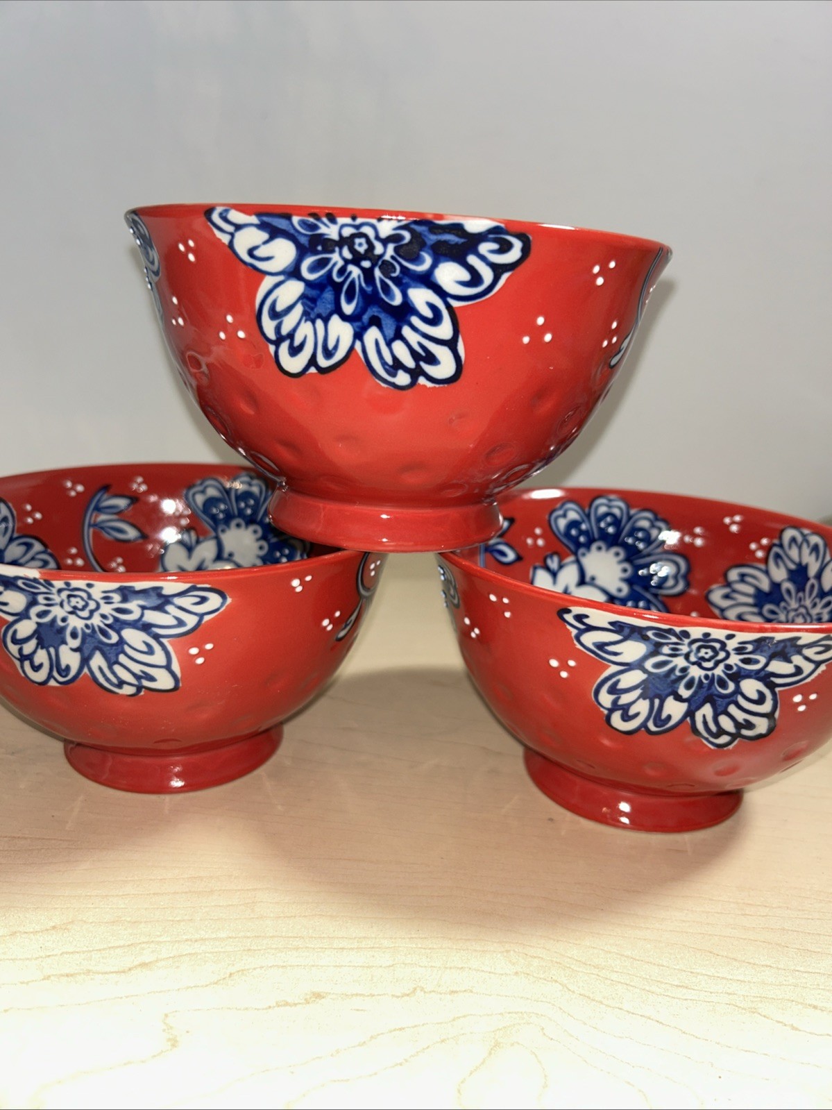 3 Yokohama Studio Hand Painted Red White Blue Flowers Rice Noodle Bowls 6″