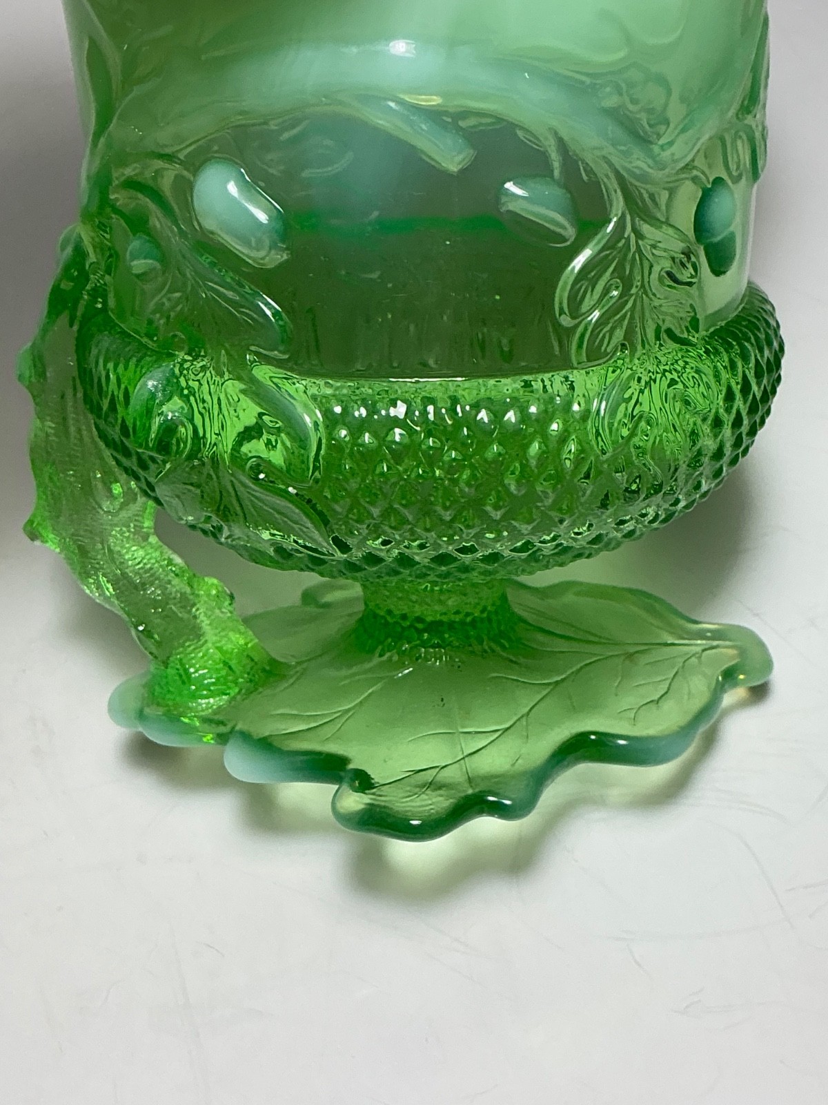 Vintage Mosser Glass Green Glass Acorn & Oak Pattern Spooner 5 in.
