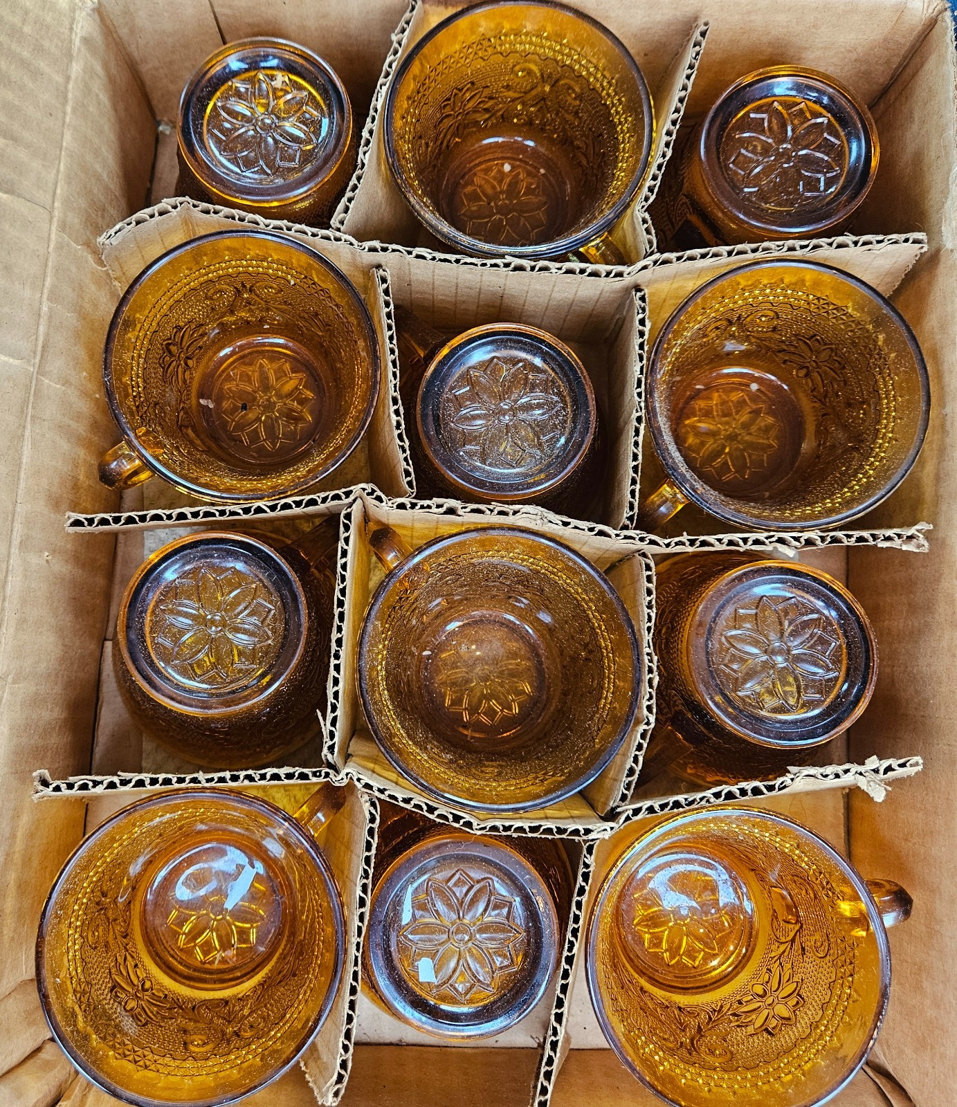 Indiana Glass Co.~ Tiara ~ Amber ~ Punch Bowl Cups Glasses ~ Set Of 12