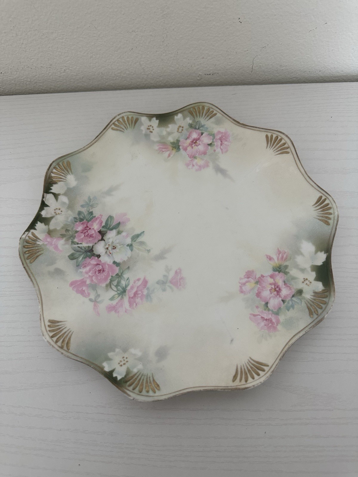 Antique RS Prussia Porcelain Cake Plate Scalloped Gold Rim Pink White Roses 10