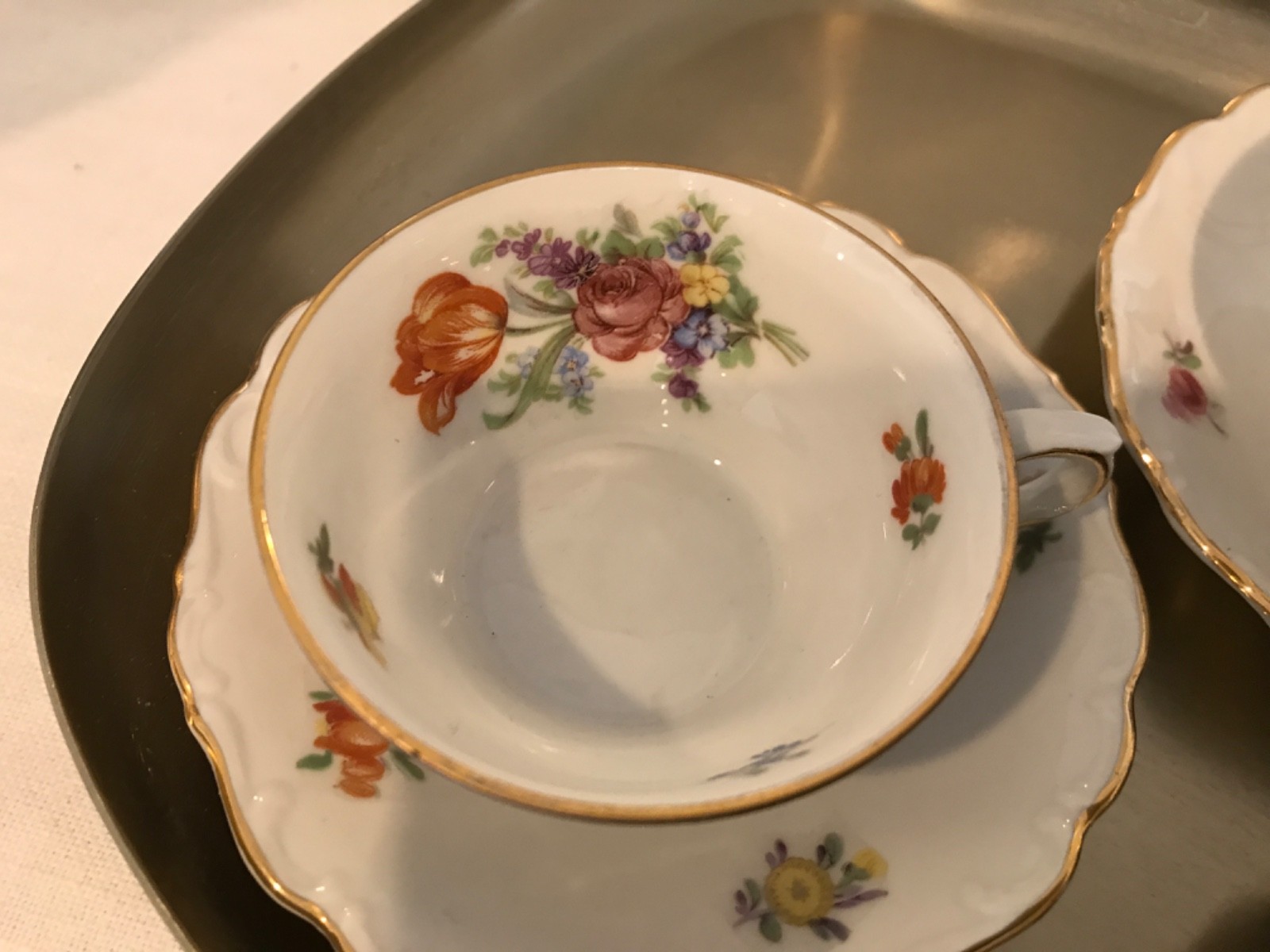 VTG Mitterteich Bavaria Meissen Floral Teacup & Saucer, Set of 4, Gold trim EUC