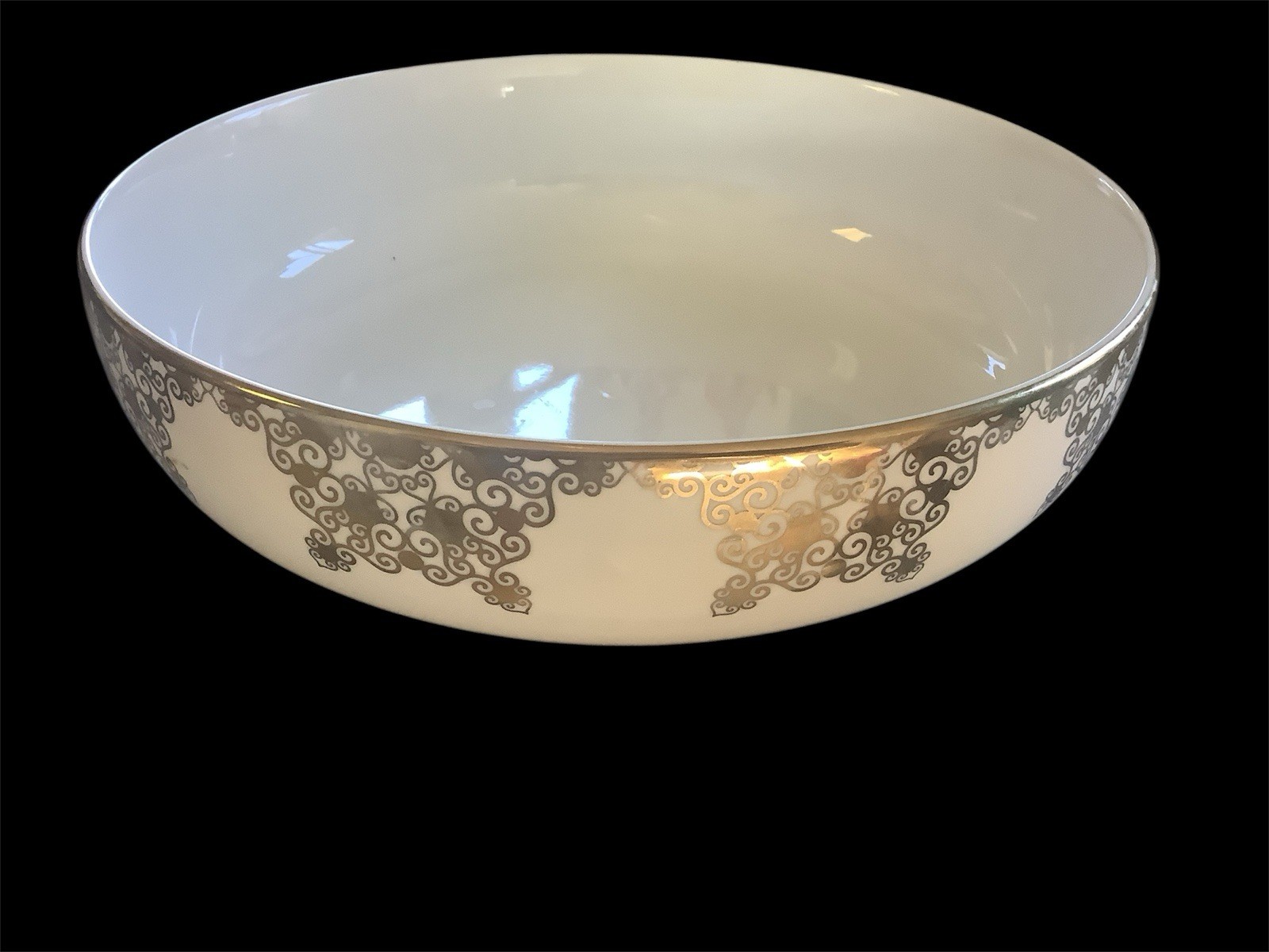 Holiday Home Large White Porcelain Serving Bowl With Gold Rim & Gold Design 11”