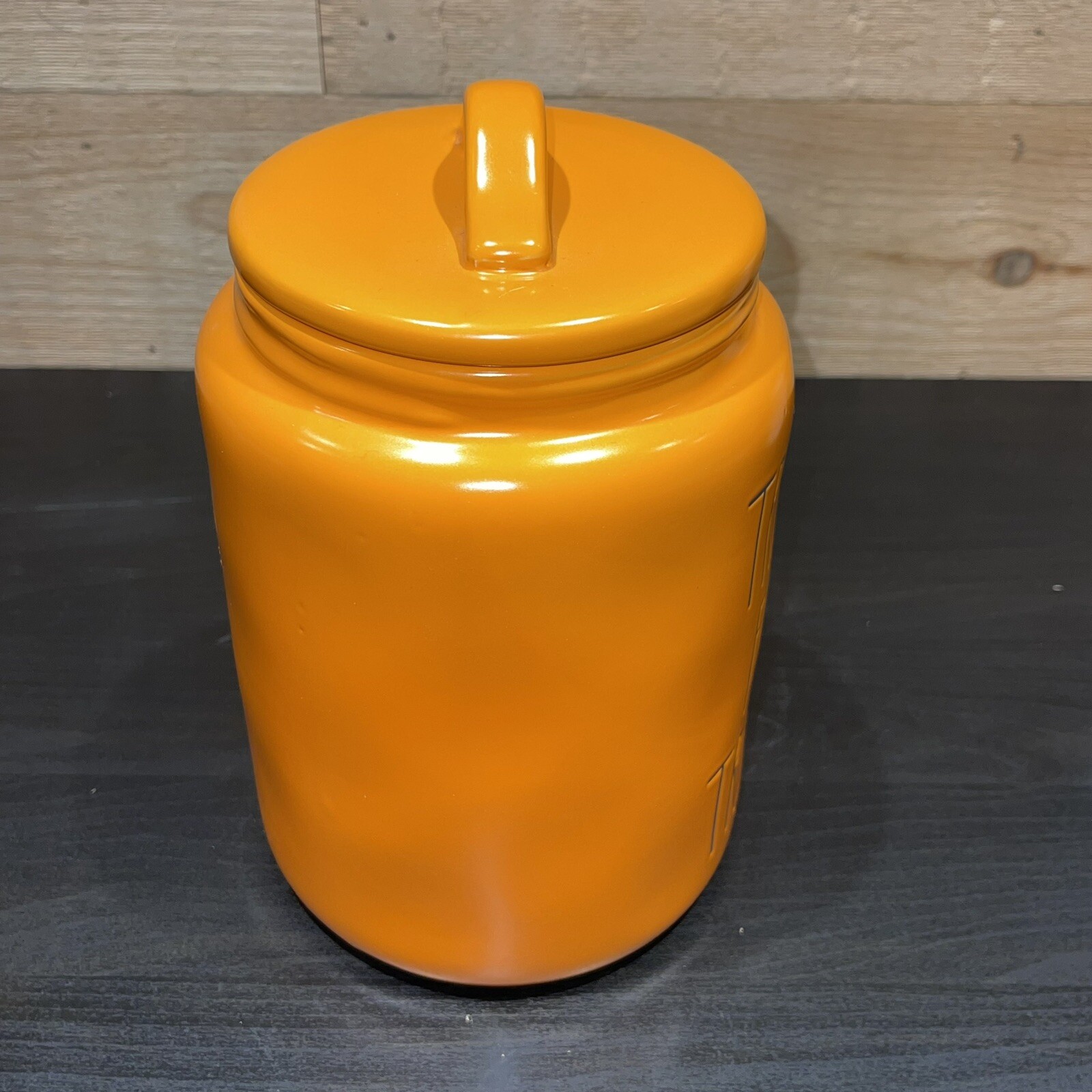 Rae Dunn Halloween TRICKS FOR TREAT 10″ Tall Orange Dog Treat Fall Canister NEW