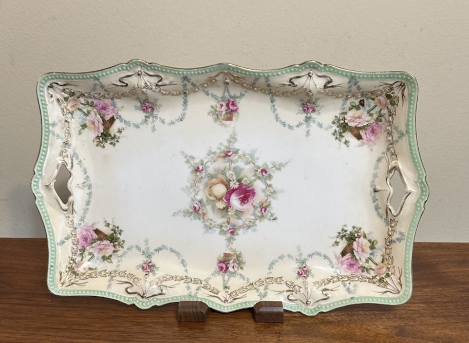 Antique RS Prussia Red Mark Blown Out Mold Dresser/Vanity Tray W/handles
