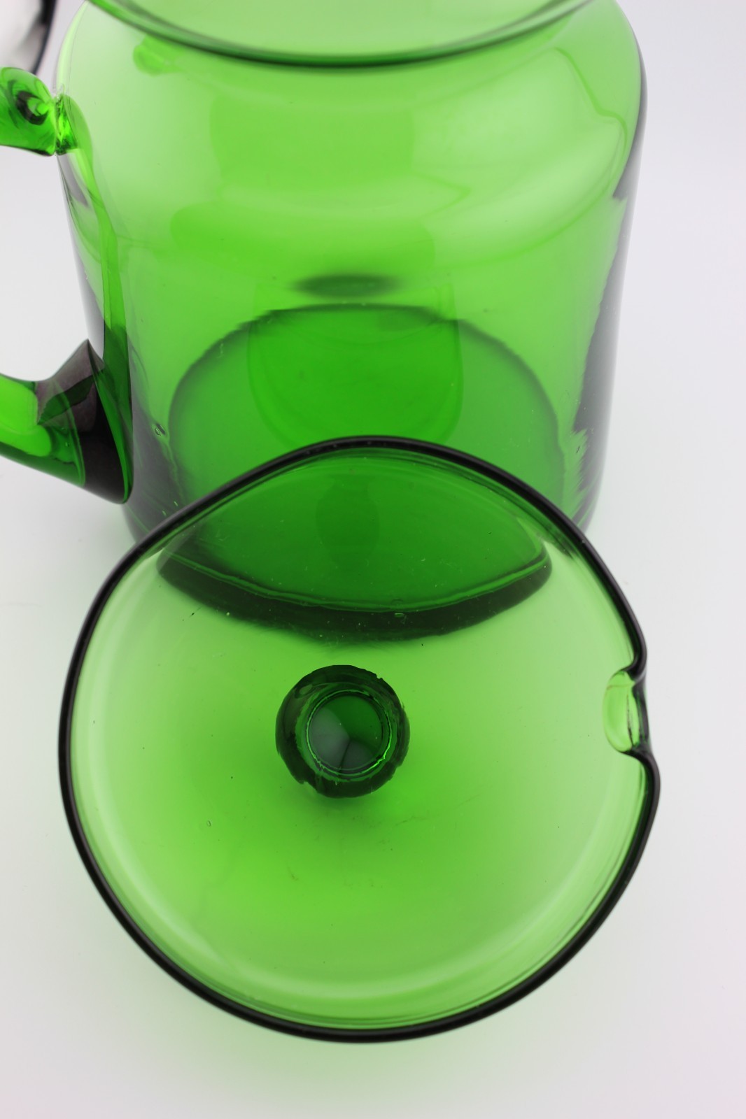 Hand-Blown Glass Drink Pitcher w/ Lid Forest Green MCM Applied Handle 9 3/8″ H