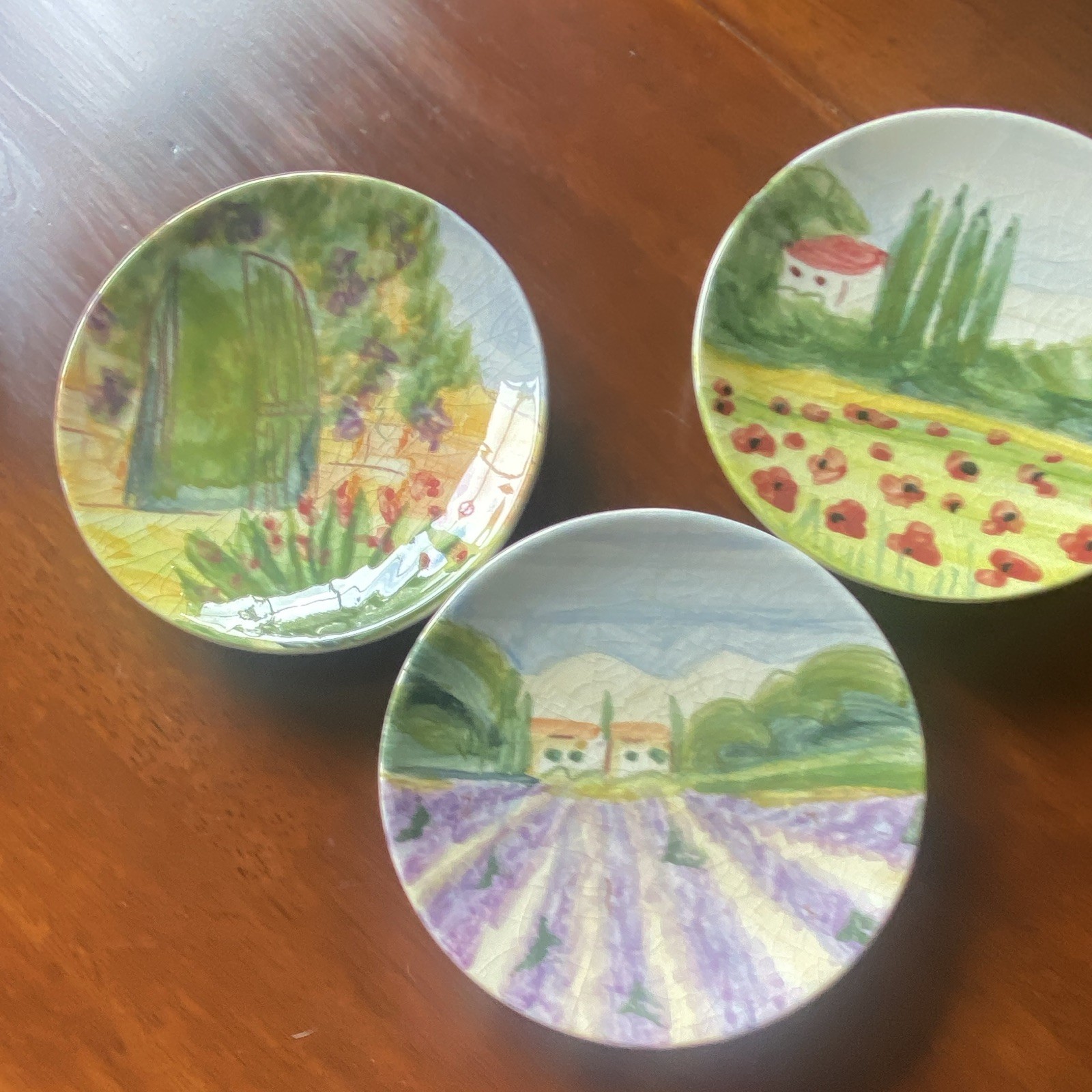 VIETRI Ceramic Plates Set of 3 Multicolor Landscape Crackle 5 in Round Italy
