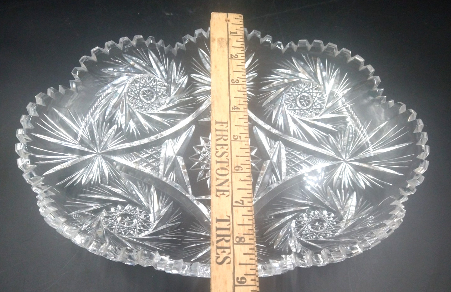 Antique American Brilliant ABP cut crystal Oval bowl Dish swirling star 12″