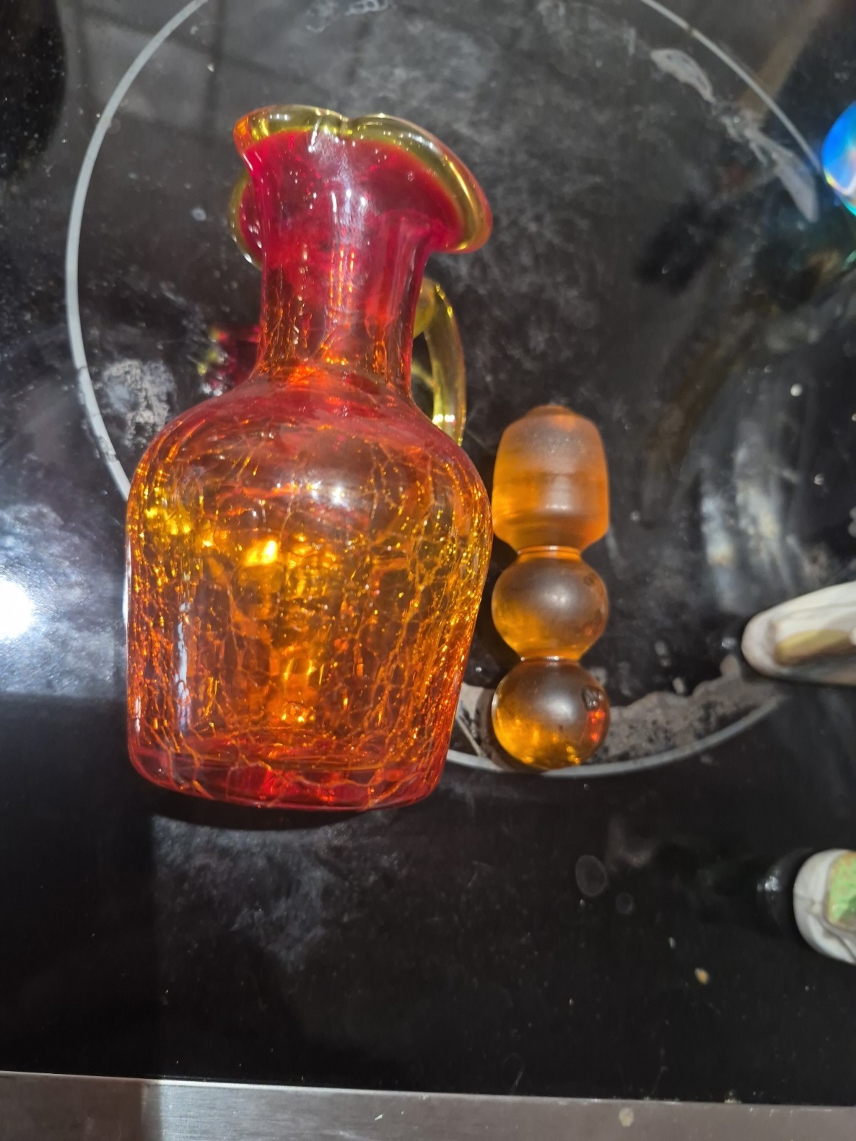 VINTAGE Amberina Crackle Glass Cruet with Stopper Mid Century Art Glass Pitcher