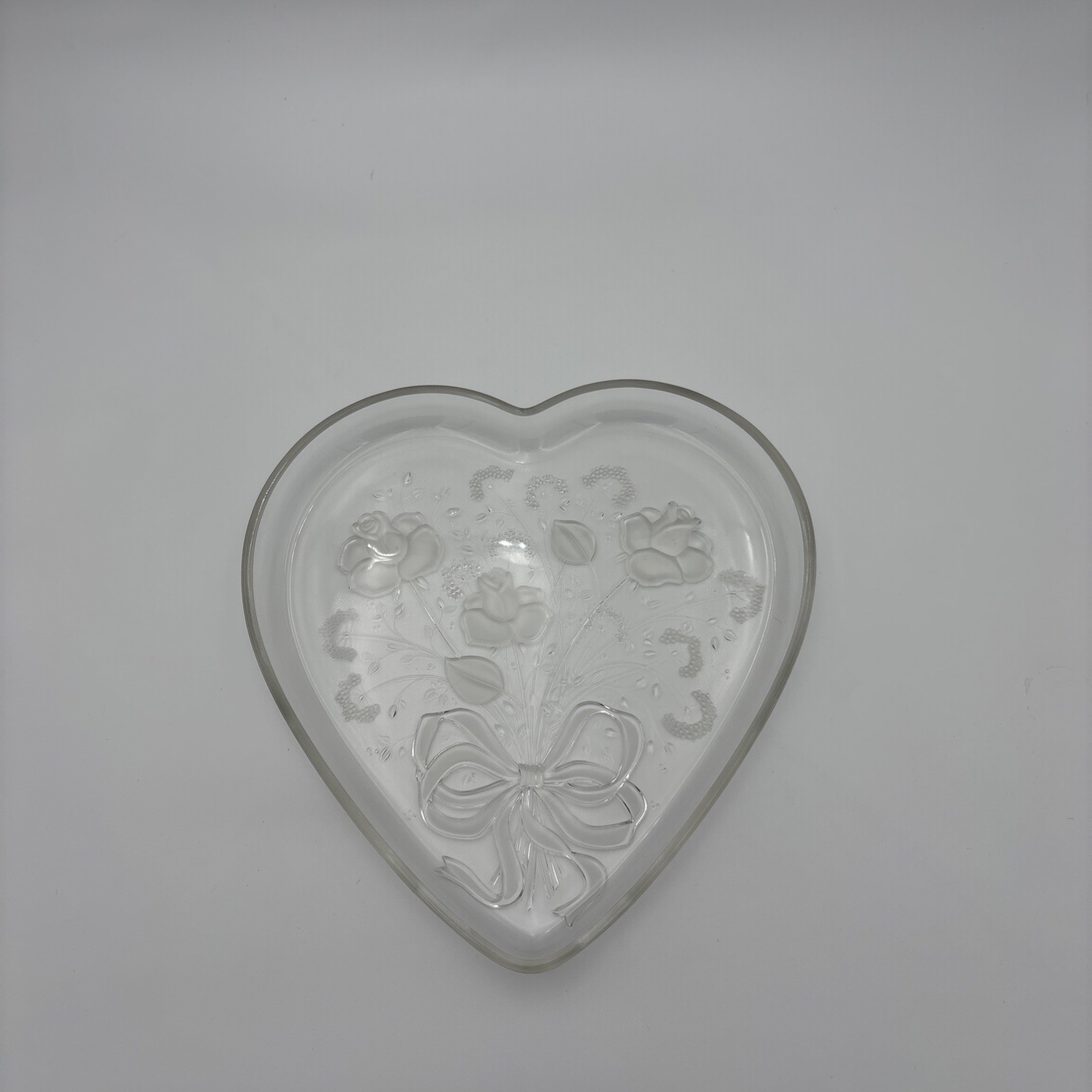 Vintage Mikasa Crystal Heart Shaped Serving Tray Pink Rose Bouquet and Bow 1980
