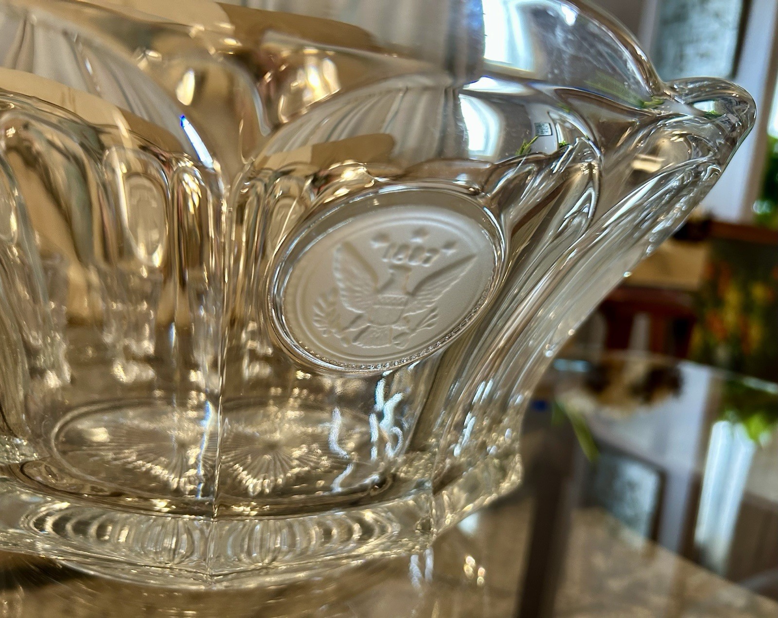 Vintage Fostoria Coin Clear Glass Punch Bowl Set – 14.5” Bowl With 3 Cups Mugs