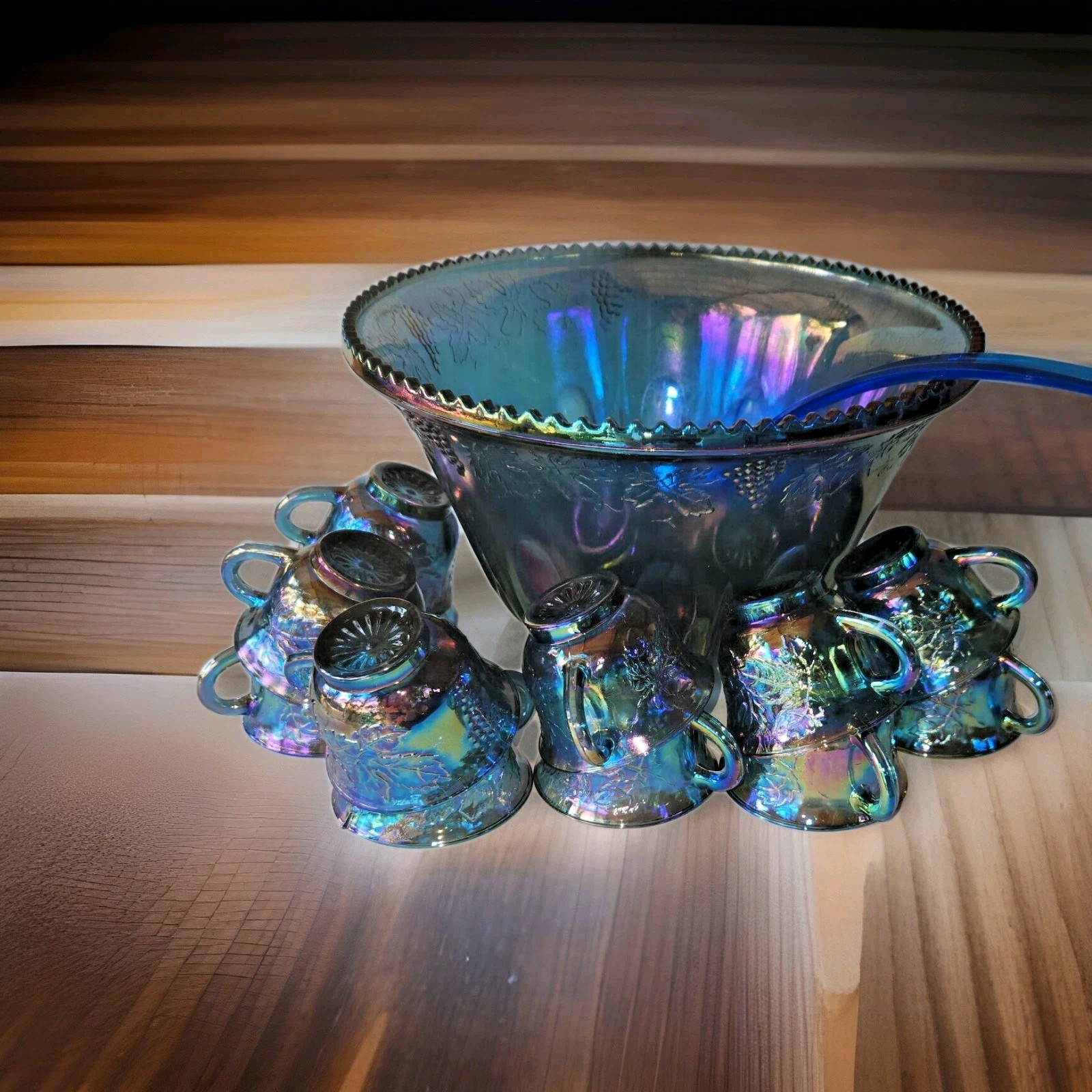 Vintage Indiana Glass Grape Harvest Punch Bowl Set Princess Blue Iridescent 14pc