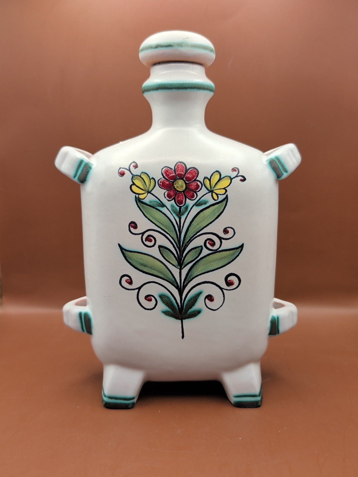 Hollohaza Hungary Hand Painted Ceramic Flask Vintage *(Small Crack See Picture)*