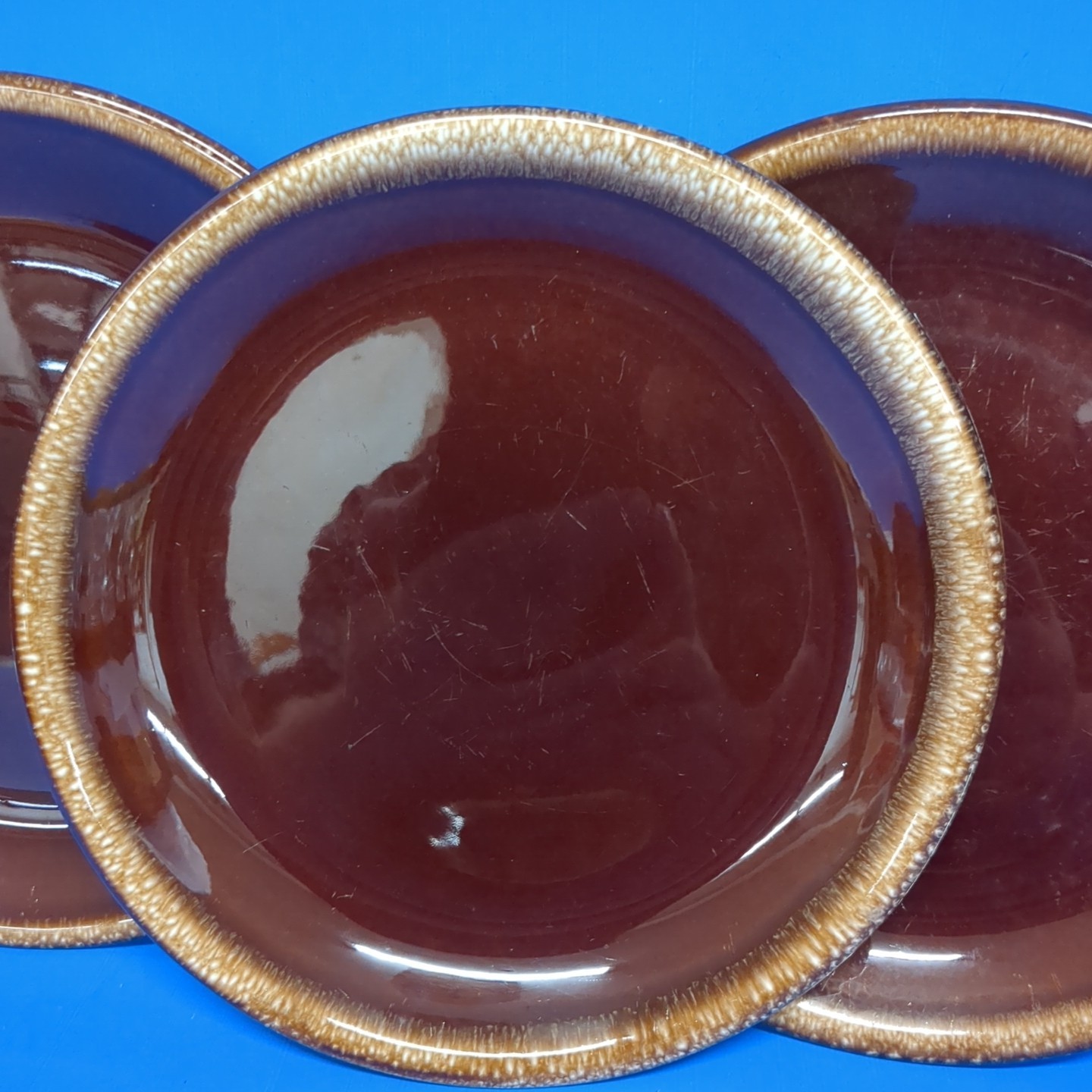 (4) USA Mid Century Modern Vintage Brown Drip Glazed 7.5″ Pottery Plates USA