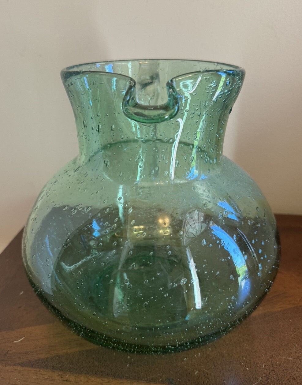 END 7/23 Large Hand Blown Green Bubble Glass Pitcher Heavy Applied Handle Seeded