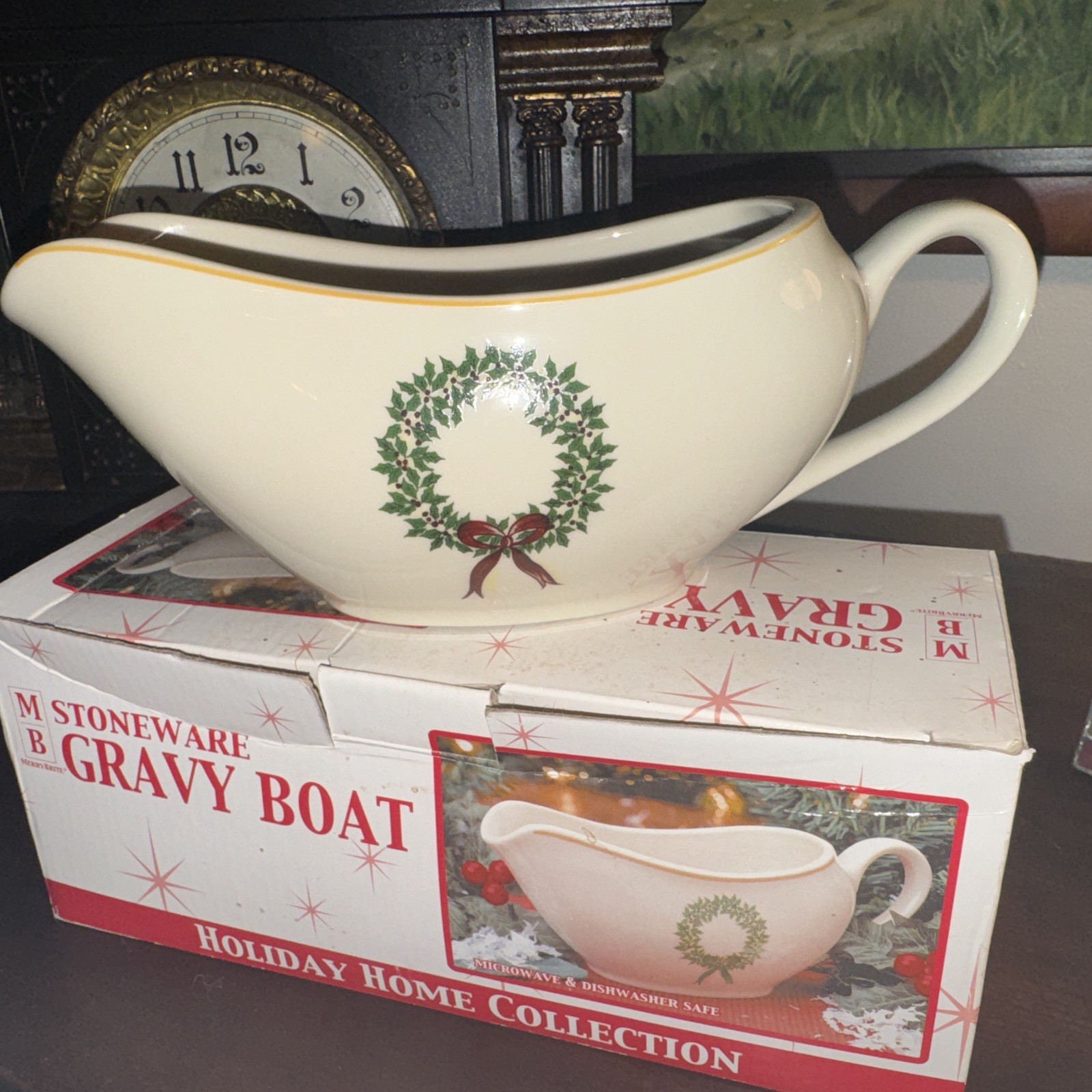 MerryBrite Stoneware Gravy Boat Holiday Home Collection with Wreath And Box