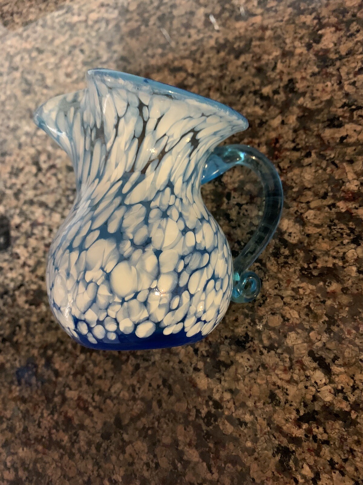Old Small HAND BLOWN White SPLATTER Blue Art Glass PINCHED SIDES VASE/CRAFE